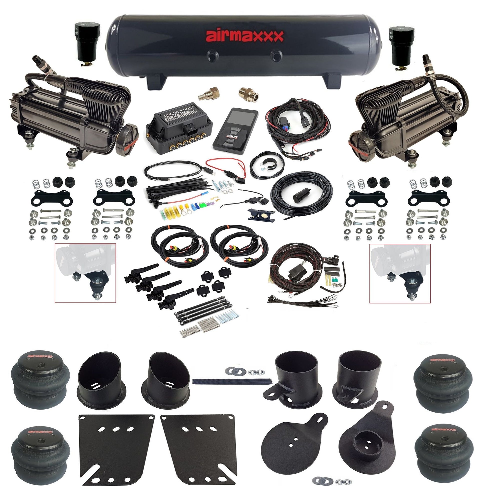 air lift 3h 27695 dual X-series  compressors steel tank 2600 bags & airmaxxx brackets air ride kit for 1958-64 chevy impala KIMP58-XB2-57S-27695-WK-3P2