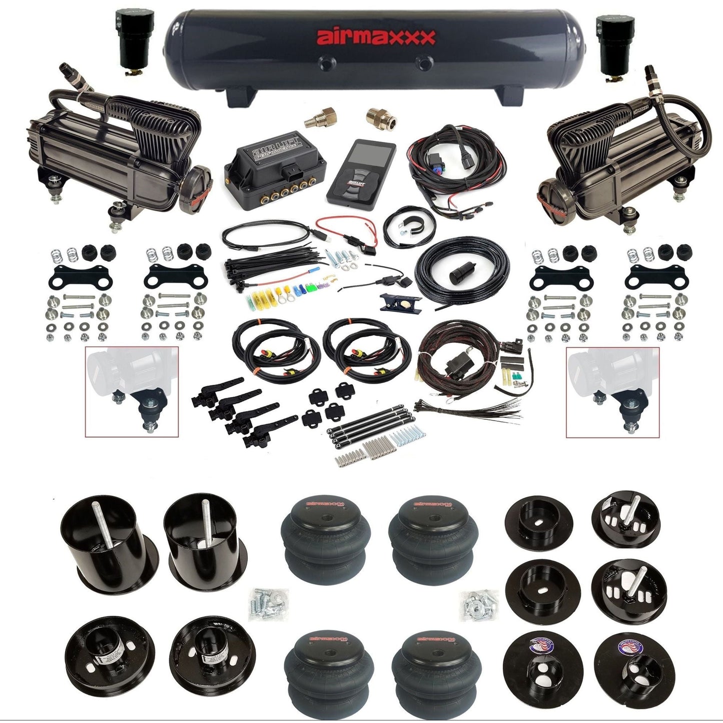 air lift 3h 27695 dual X-series compressors steel tank 2600 bags & airmaxxx brackets air ride kit for 1965-70 cadillac KCAD65-XB2-57S-27695-WK-3P2