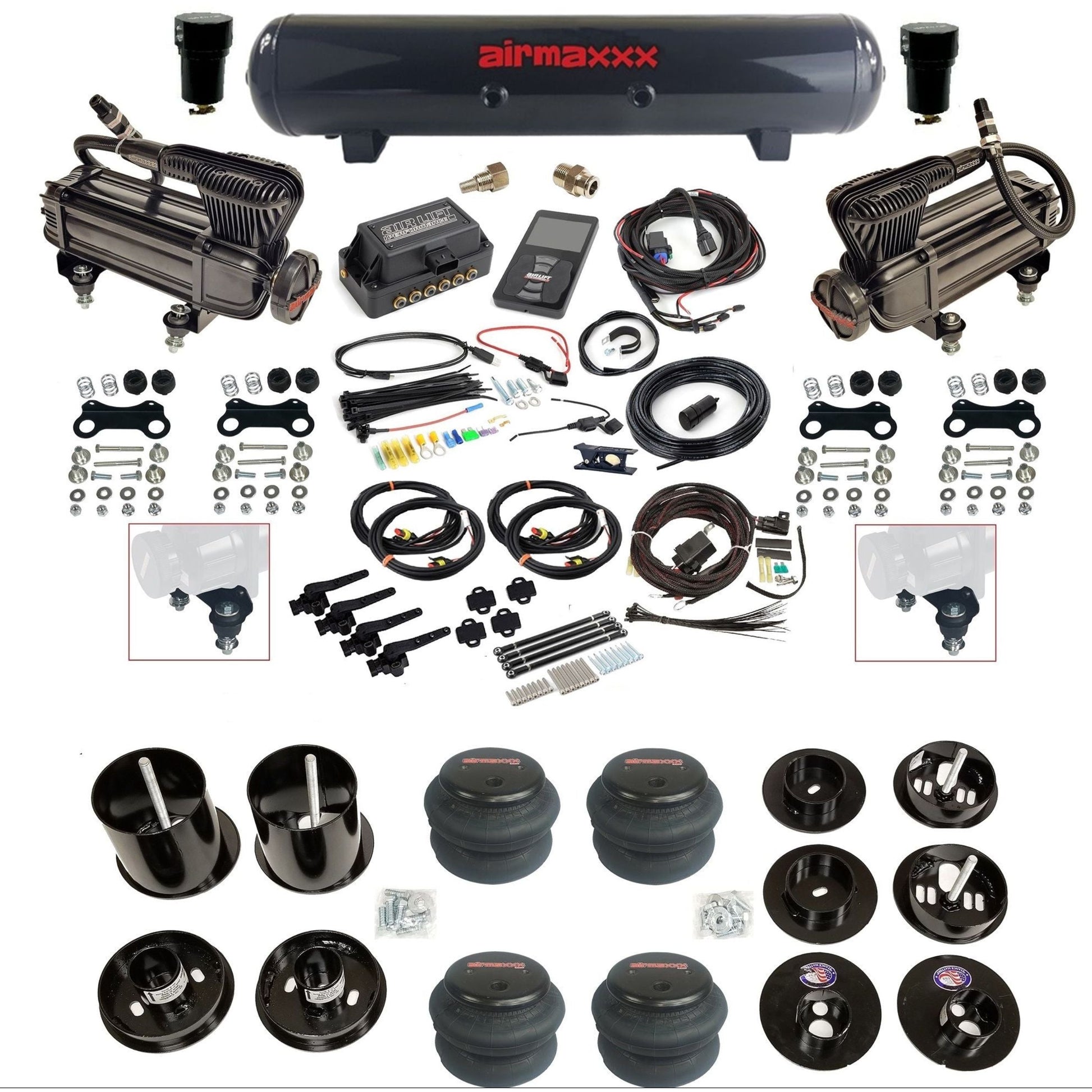air lift 3h 27695 dual X-series compressors steel tank 2600 bags & airmaxxx brackets air ride kit for 1965-70 cadillac KCAD65-XB2-57S-27695-WK-3P2