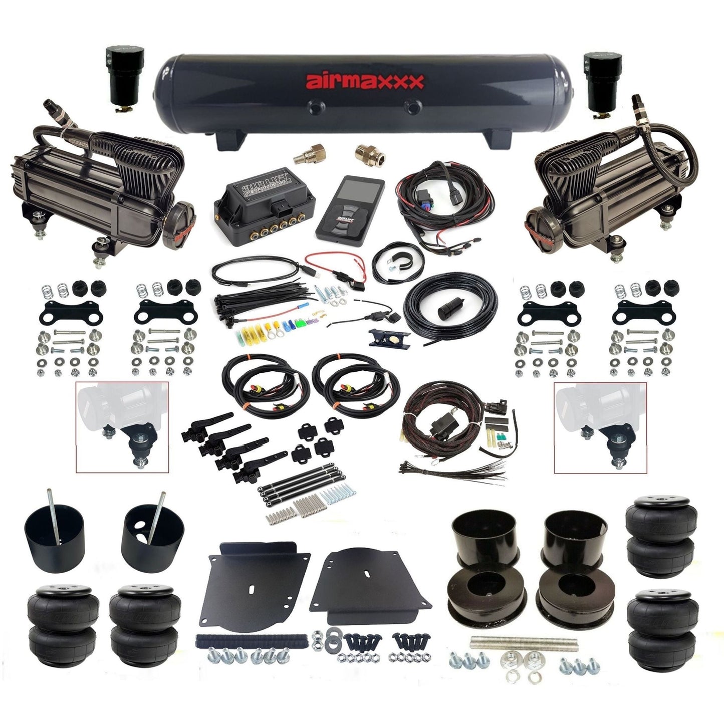 air lift 3h 27695 dual X-series compressors steel tank airlift bags & airmaxxx brackets air ride kit for 1964-72 gm a-body KABDY-XB2-57S-27695-WK-3P2D25