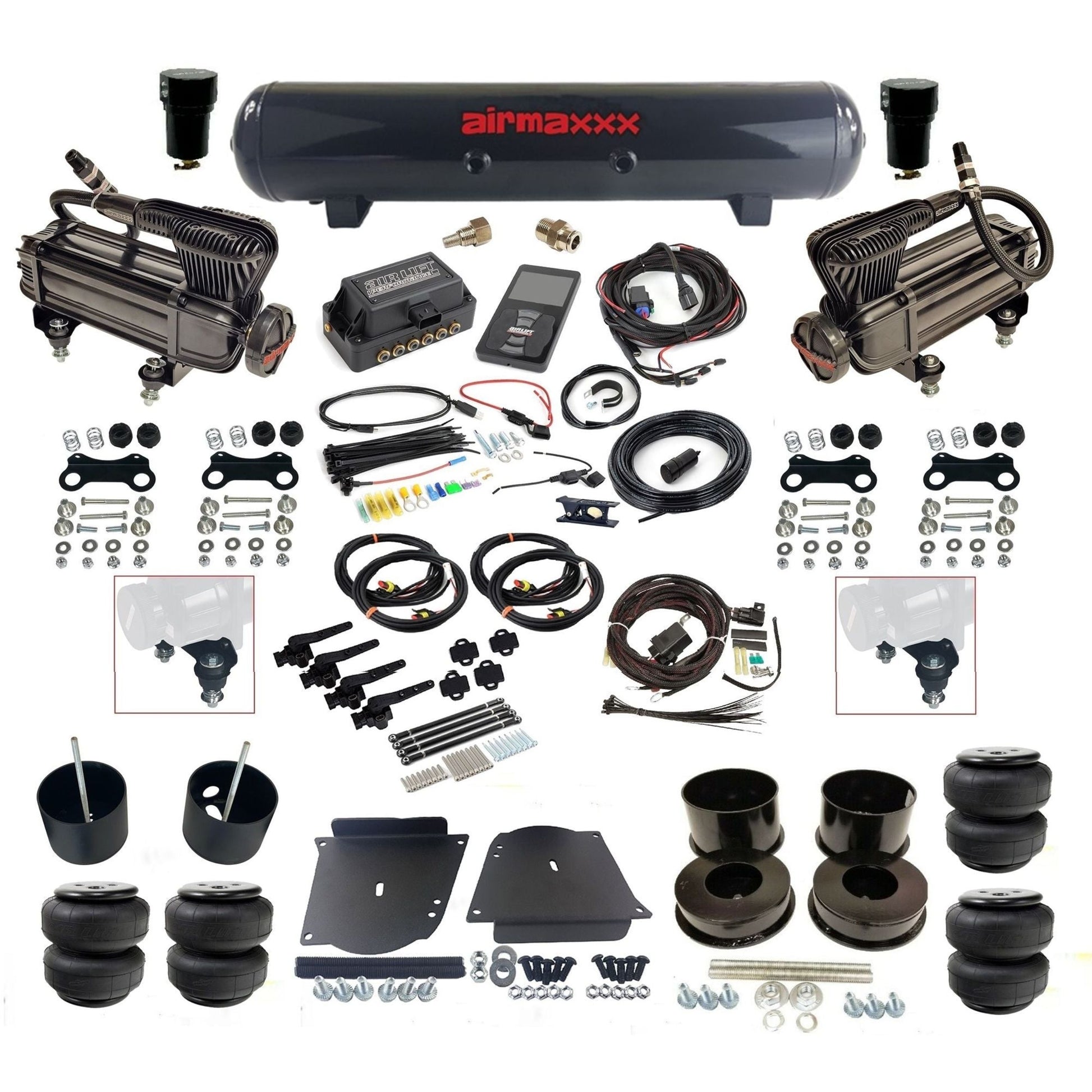 air lift 3h 27695 dual X-series compressors steel tank airlift bags & airmaxxx brackets air ride kit for 1964-72 gm a-body KABDY-XB2-57S-27695-WK-3P2D25