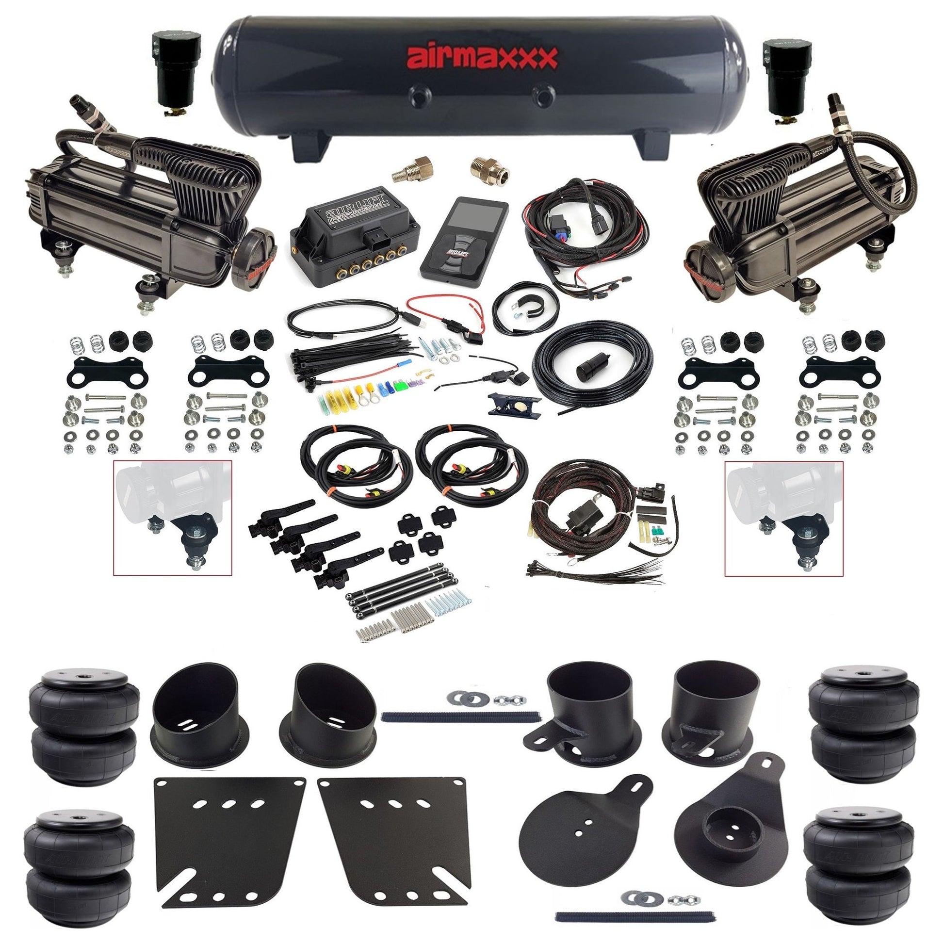 air lift 3h 27695 dual X-series  compressors steel tank airlift bags & airmaxxx brackets air ride kit for 1958-64 chevy impala KIMP58-XB2-57S-27695-WK-3P2D25
