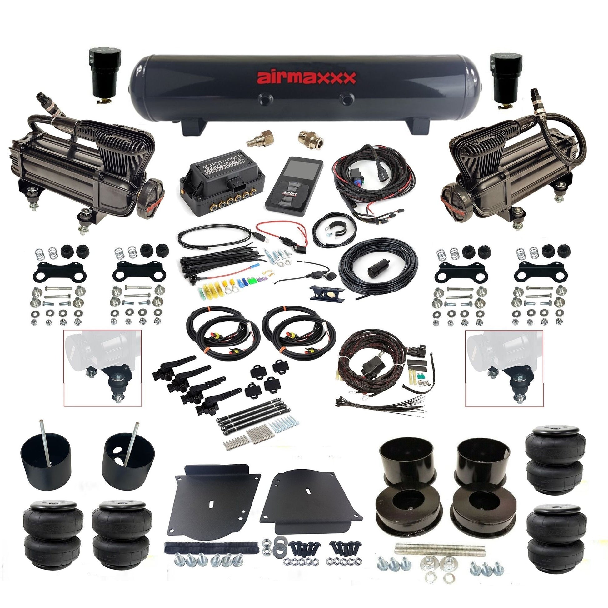 air lift 3h 27695 dual X-series compressors steel tank airlift bags & airmaxxx brackets air ride kit for 1964-72 gm a-body KABDY-XB2-57S-27695-WK-3P2D25