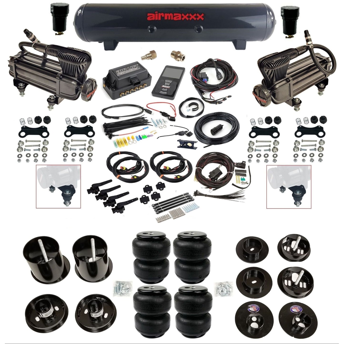 air lift 3h 27695 dual X-series compressors steel tank airlift bags & airmaxxx brackets air ride kit for 1965-70 cadillac KCAD65-XB2-57S-27695-WK-3P2D25