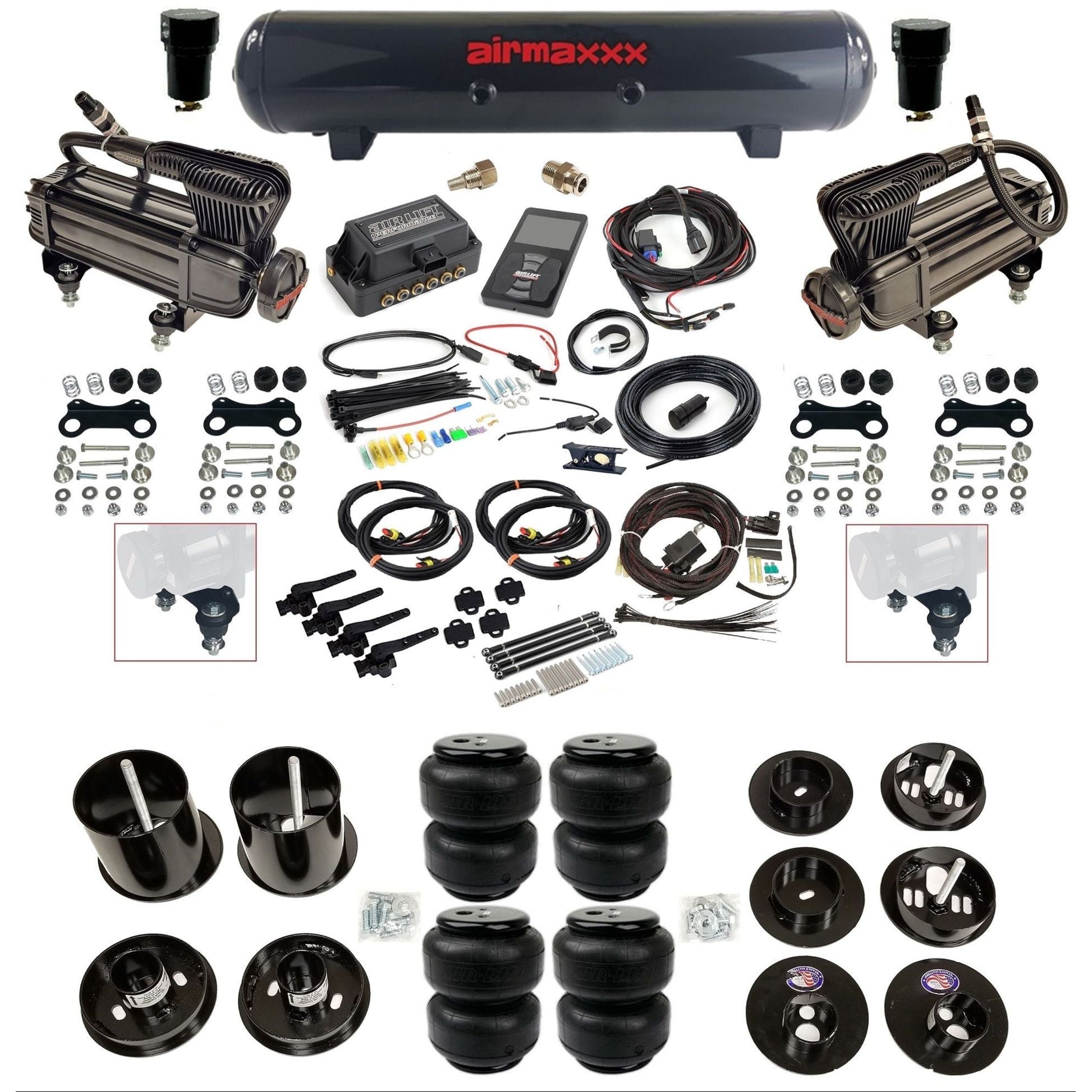 air lift 3h 27695 dual X-series compressors steel tank airlift bags & airmaxxx brackets air ride kit for 1965-70 cadillac KCAD65-XB2-57S-27695-WK-3P2D25