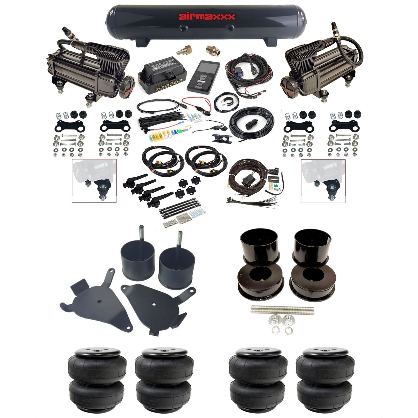 air lift 3h 27695 dual X-series compressors steel tank airlift bags & airmaxxx brackets air ride kit for 1978-88 gm g-body K-GBODY-XB2-27695-57S-WK-3P2D25