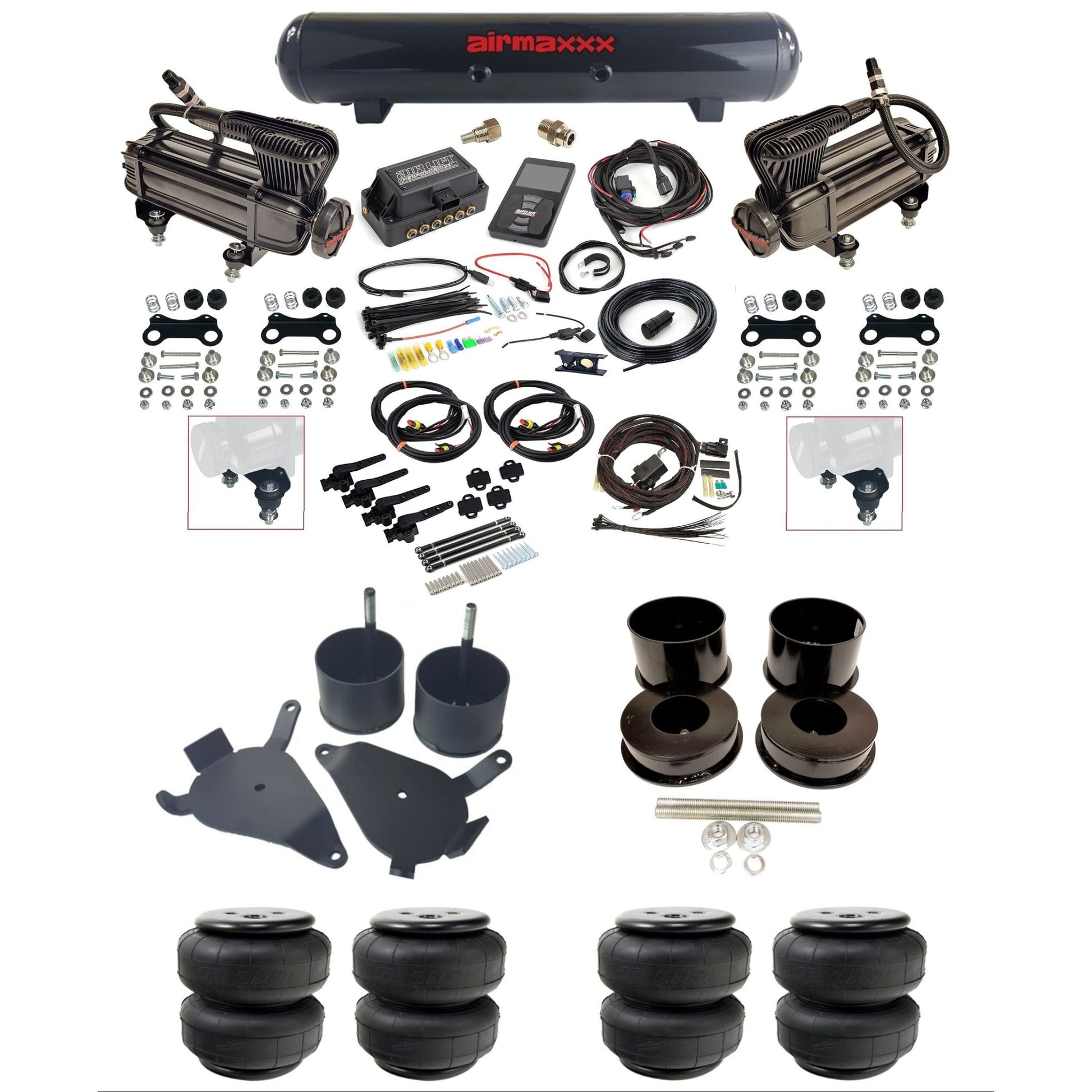 air lift 3h 27695 dual X-series compressors steel tank airlift bags & airmaxxx brackets air ride kit for 1978-88 gm g-body K-GBODY-XB2-27695-57S-WK-3P2D25