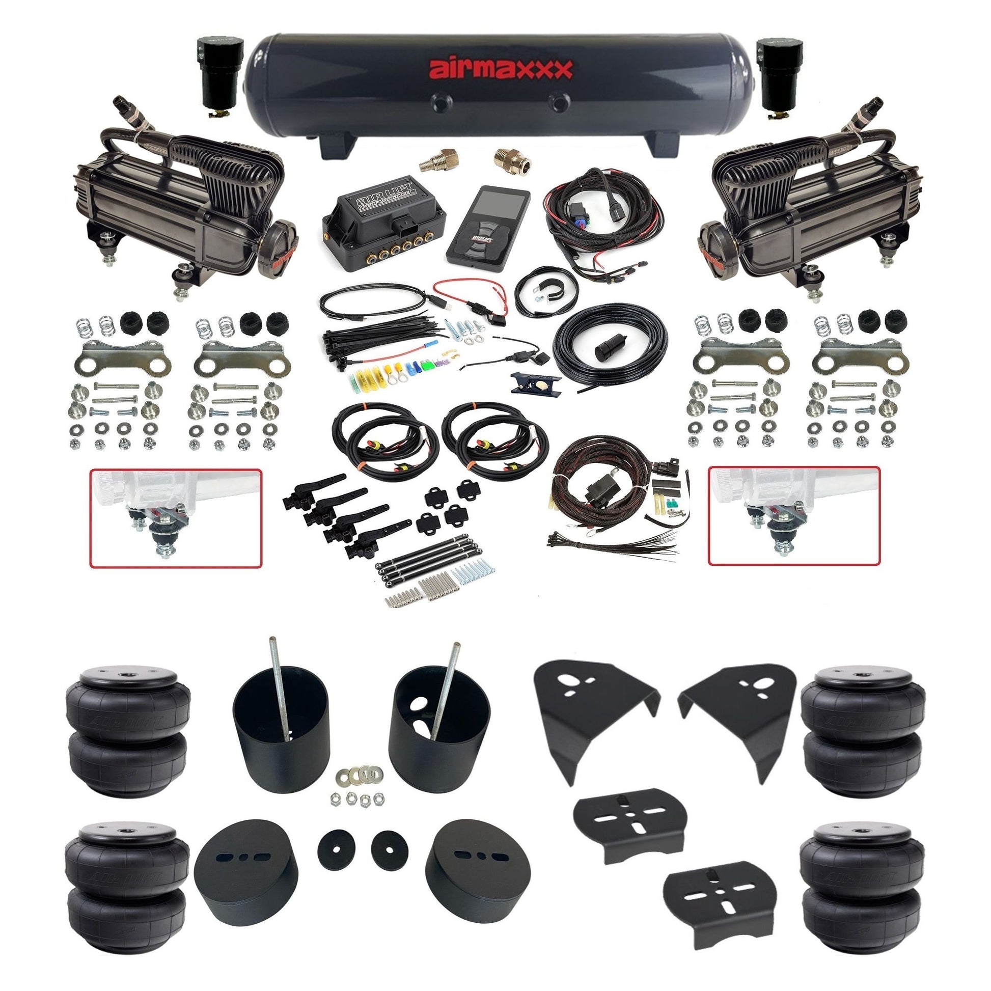 air lift 3h 27695 dual X-series compressors steel tank airlift bags & airmaxxx brackets air ride kit for 1999-06 chevy silverado GM99-XB2-57S-27695-WK-3P2D26