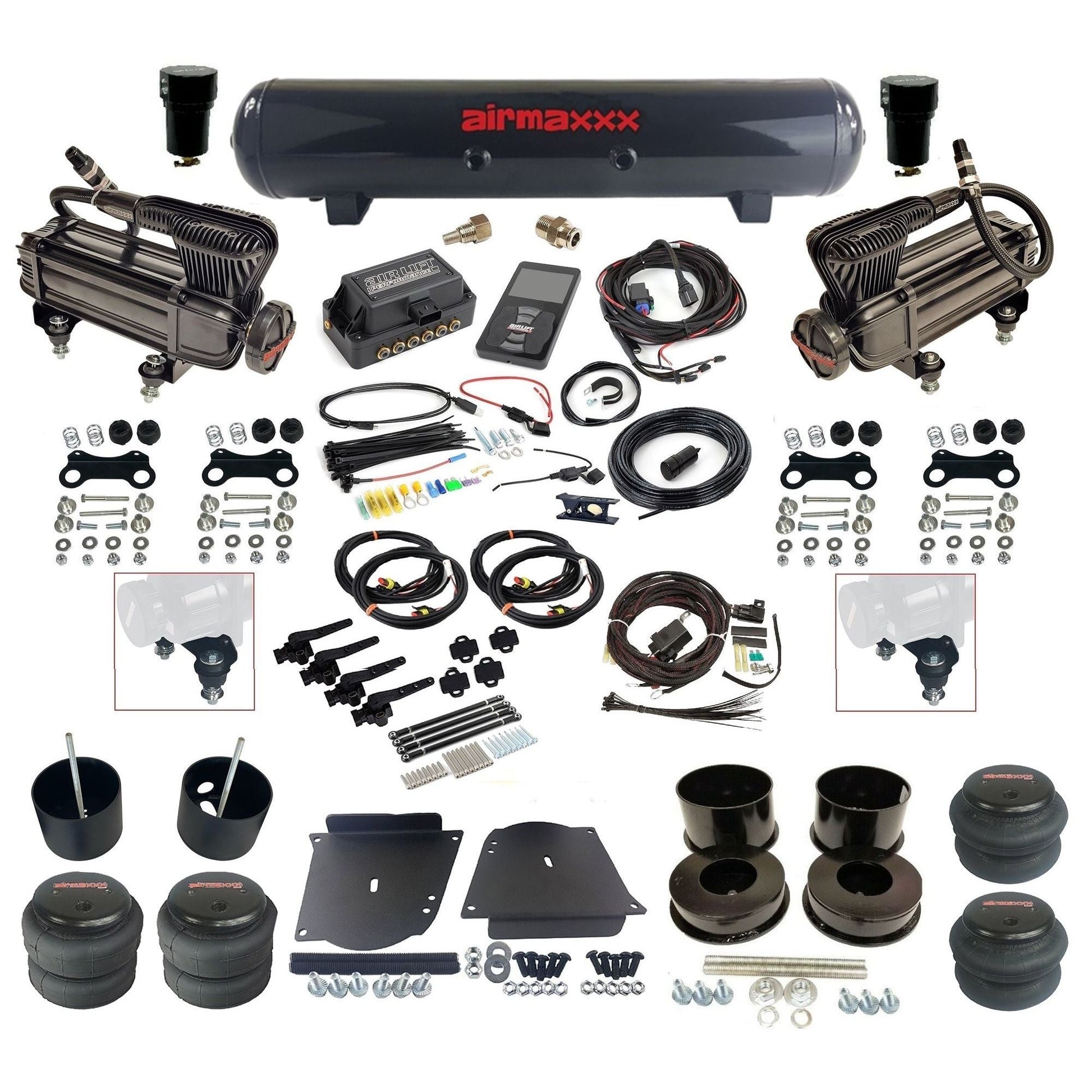 air lift 3h 27695 dual X-series compressors steel tank bags & airmaxxx brackets air ride kit fits 1964-72 gm a-body KABDY-XB2-57S-27695-WK-3P2