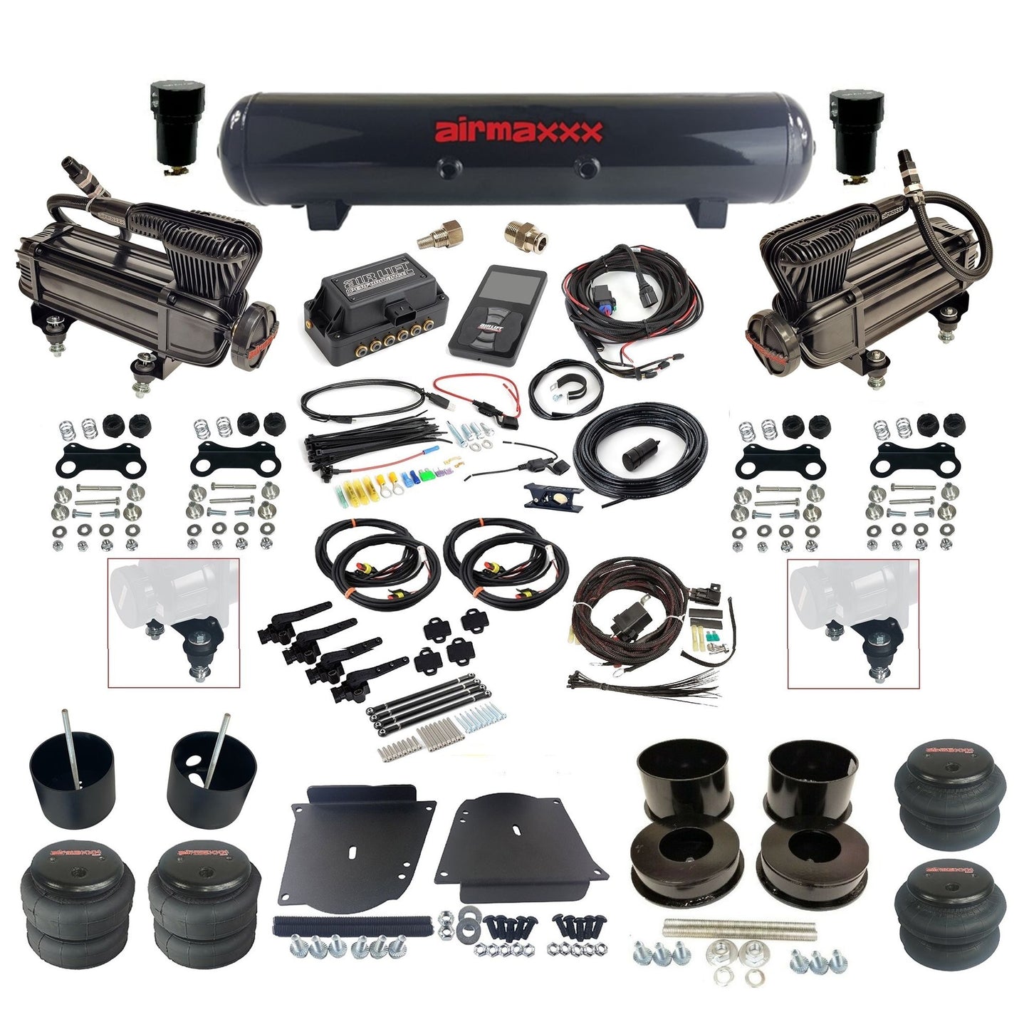 air lift 3h 27695 dual X-series compressors steel tank bags & airmaxxx brackets air ride kit for 1964-72 gm a-body KABDY-XB2-57S-27695-WK-3P2