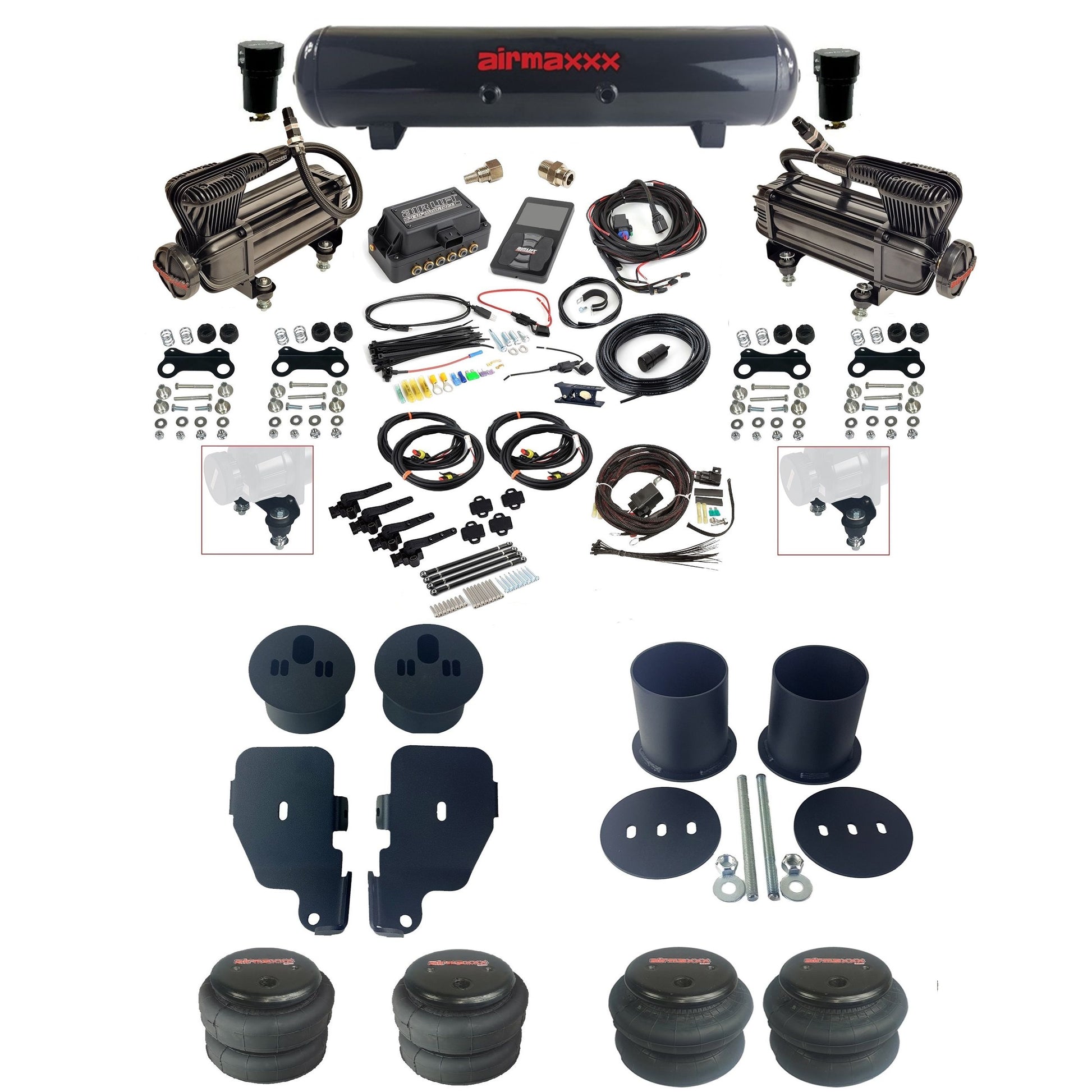 air lift 3h 27695 dual X-series  compressors steel tank bags & airmaxxx brackets air ride kit for 1965-70 chevy impala KIMP65-XB2-57S-27695-WK-3P2