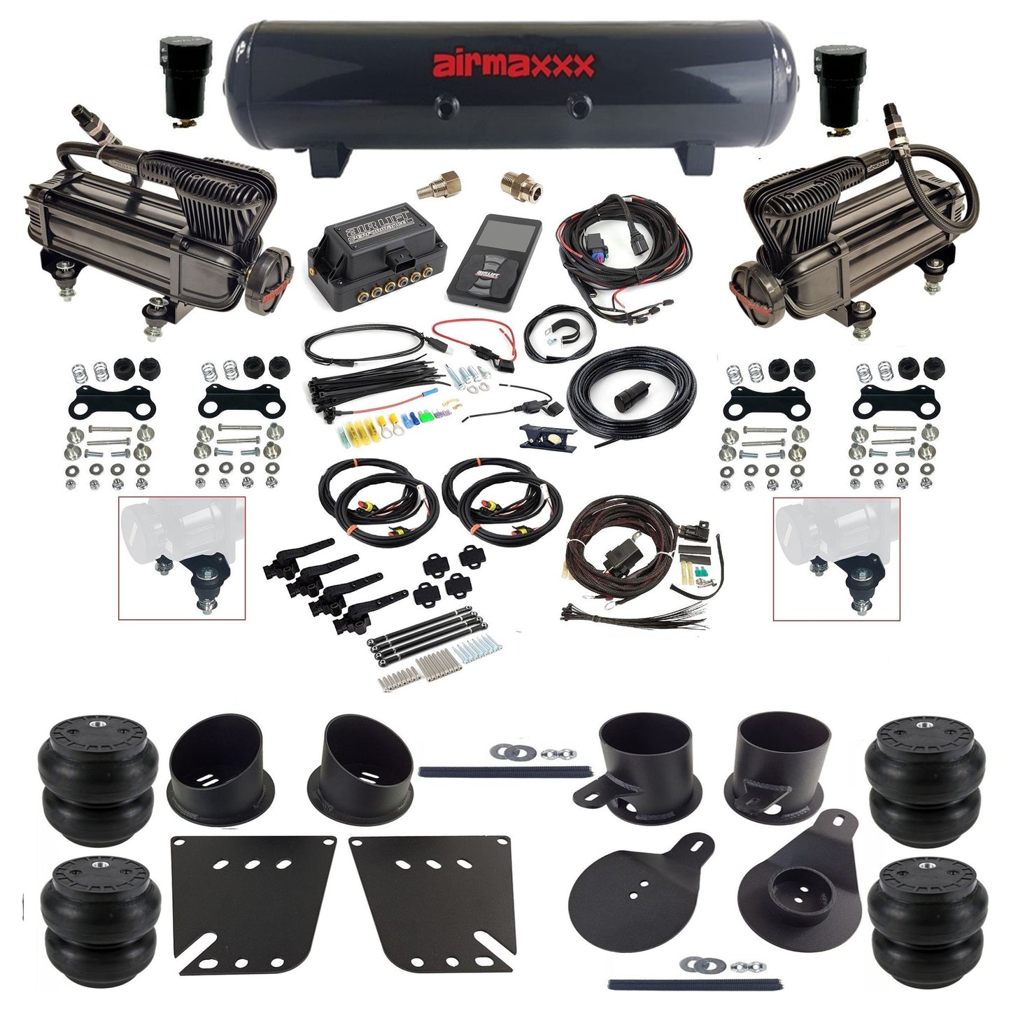 air lift 3h 27695 dual X-series  compressors steel tank slam bags & airmaxxx brackets air ride kit for 1958-64 chevy impala KIMP58-XB2-57S-27695-WK-3P2SS7