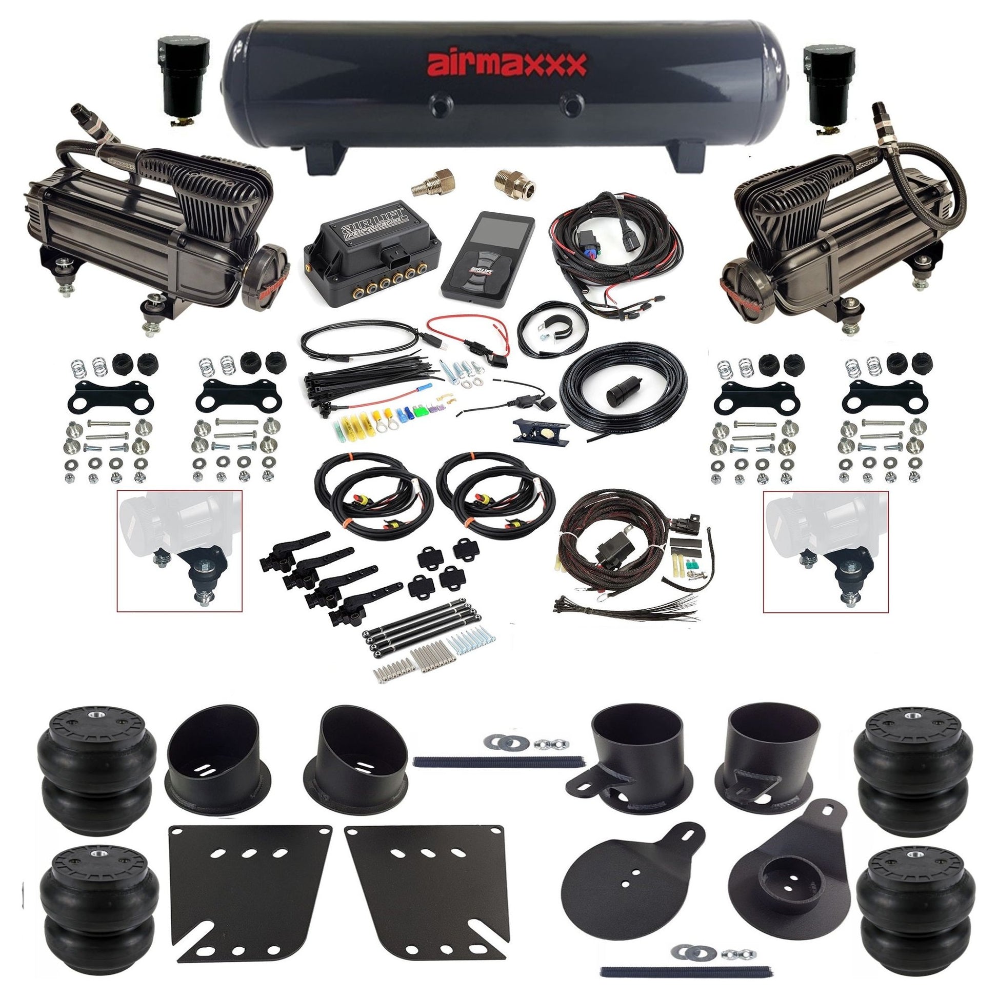 air lift 3h 27695 dual X-series  compressors steel tank slam bags & airmaxxx brackets air ride kit for 1958-64 chevy impala KIMP58-XB2-57S-27695-WK-3P2SS7