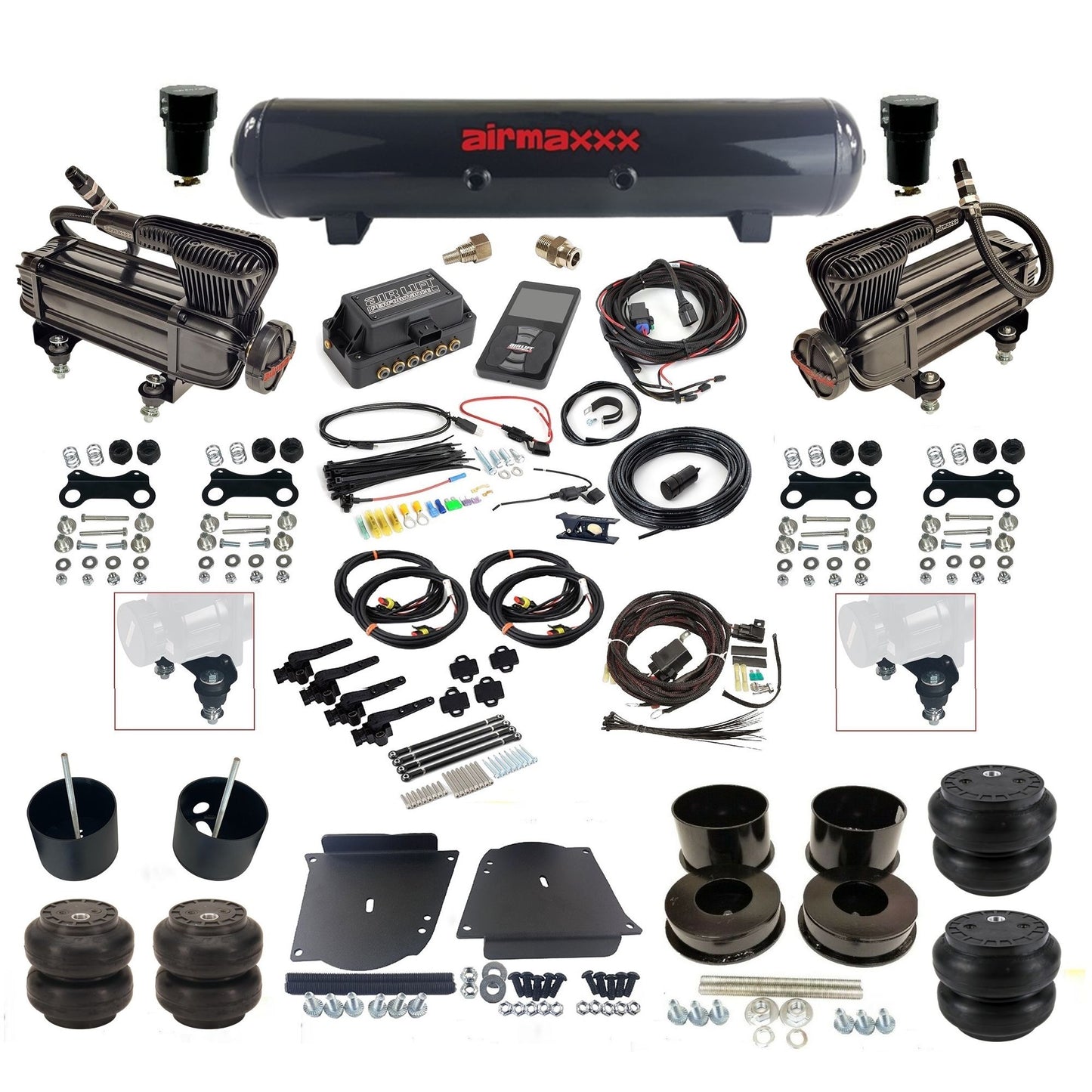 air lift 3h 27695 dual X-series compressors steel tank slam bags & airmaxxx brackets air ride kit for 1964-72 gm a-body KABDY-XB2-57S-27695-WK-3P2SS6SS7