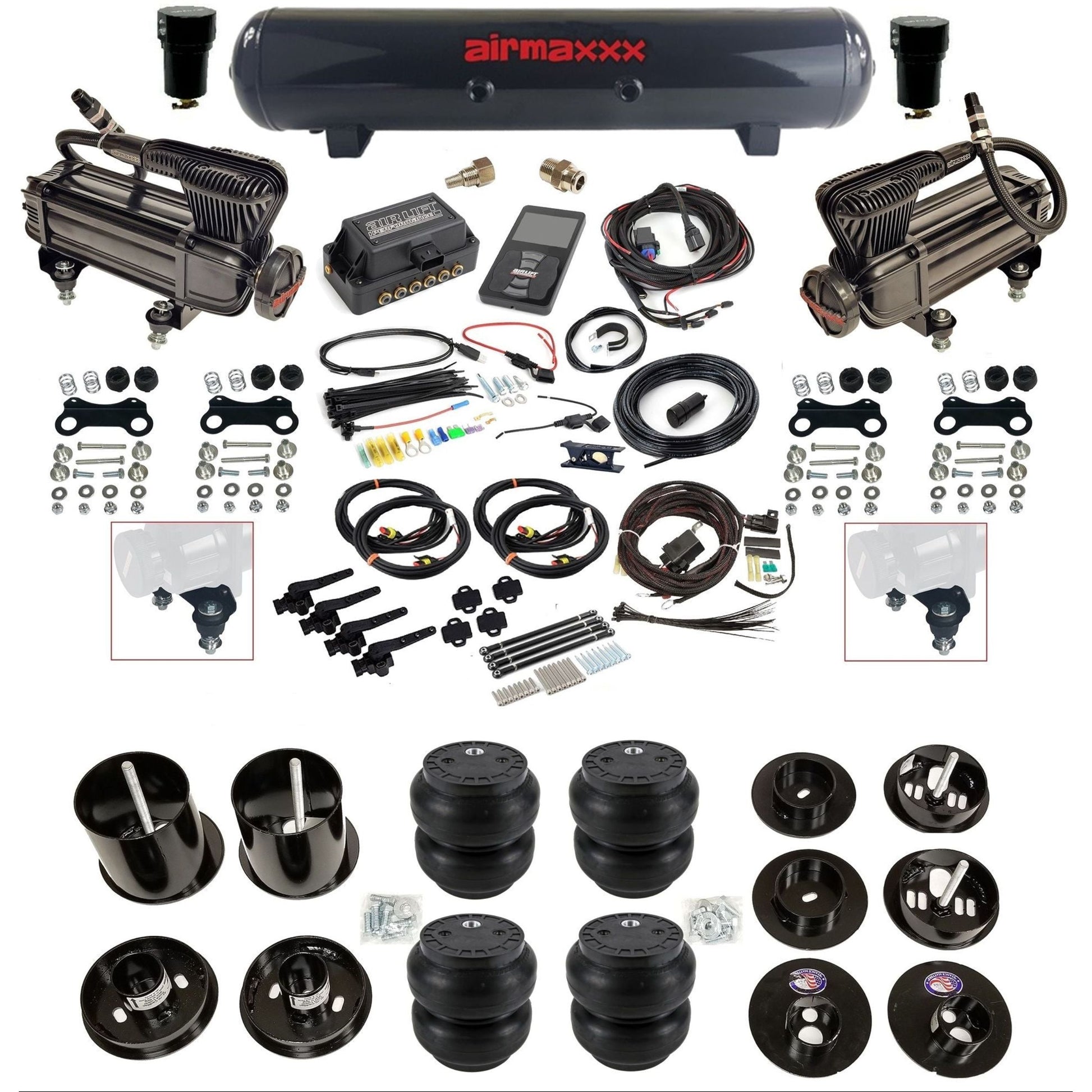 air lift 3h 27695 dual X-series compressors steel tank slam bags & airmaxxx brackets air ride kit for 1965-70 cadillac KCAD65-XB2-57S-27695-WK-3P2SS7
