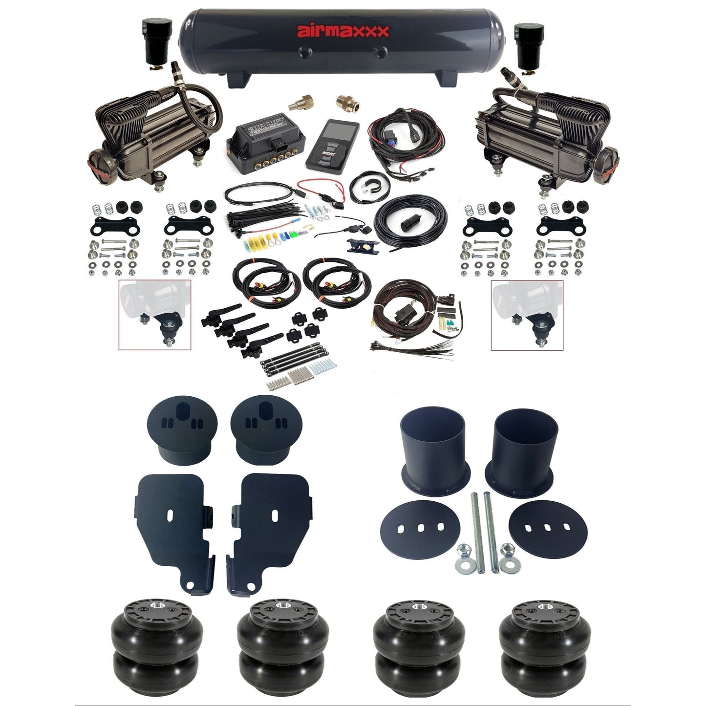 air lift 3h 27695 dual X-series  compressors steel tank slam bags & airmaxxx brackets air ride kit for 1965-70 chevy impala KIMP65-XB2-57S-27695-WK-3P2SS6