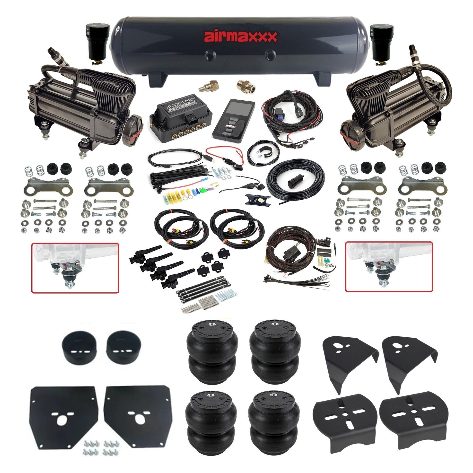 air lift 3h 27695 dual X-series compressors steel tank slam bags & airmaxxx brackets air ride kit for 1973-87 chevy c10 KC1073-XB2-57S-27695-WK-3P2SS7