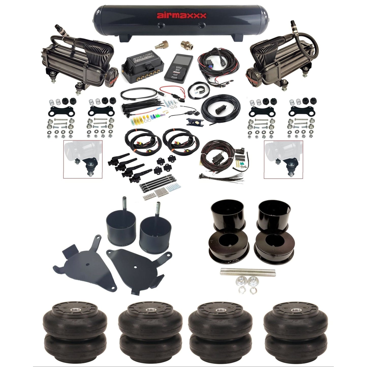 air lift 3h 27695 dual X-series compressors steel tank slam bags & airmaxxx brackets air ride kit for 1978-88 gm g-body K-GBODY-XB2-27695-57S-WK-3P2SS6