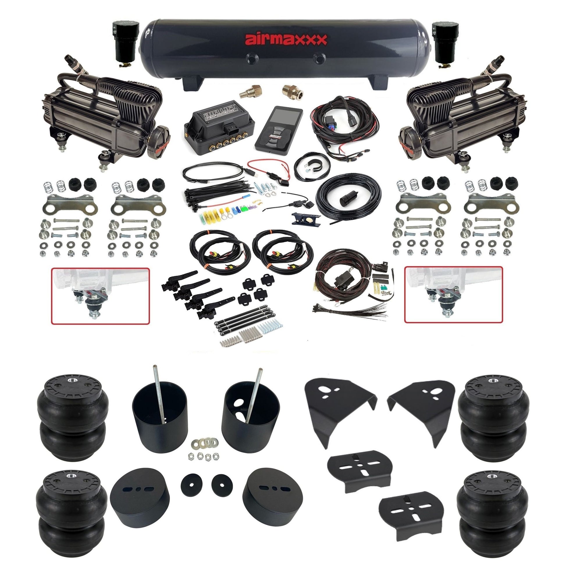 air lift 3h 27695 dual X-series compressors steel tank slam bags & airmaxxx brackets air ride kit for 1999-06 chevy silverado GM99-XB2-57S-27695-WK-3P2SS7