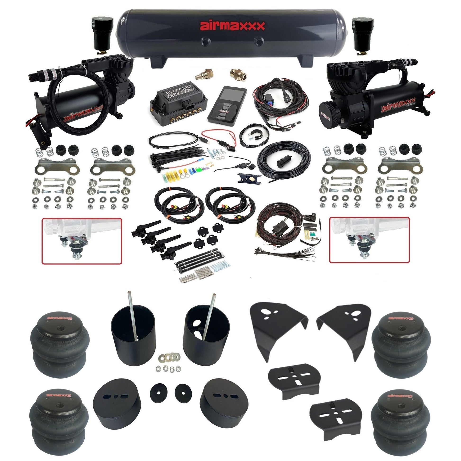 air lift 3h 27695 dual black 580 compressors steel tank 2600 bags & airmaxxx brackets air ride kit for 1999-06 chevy silverado KGM99-580B2-57S-27695-WK-3P2