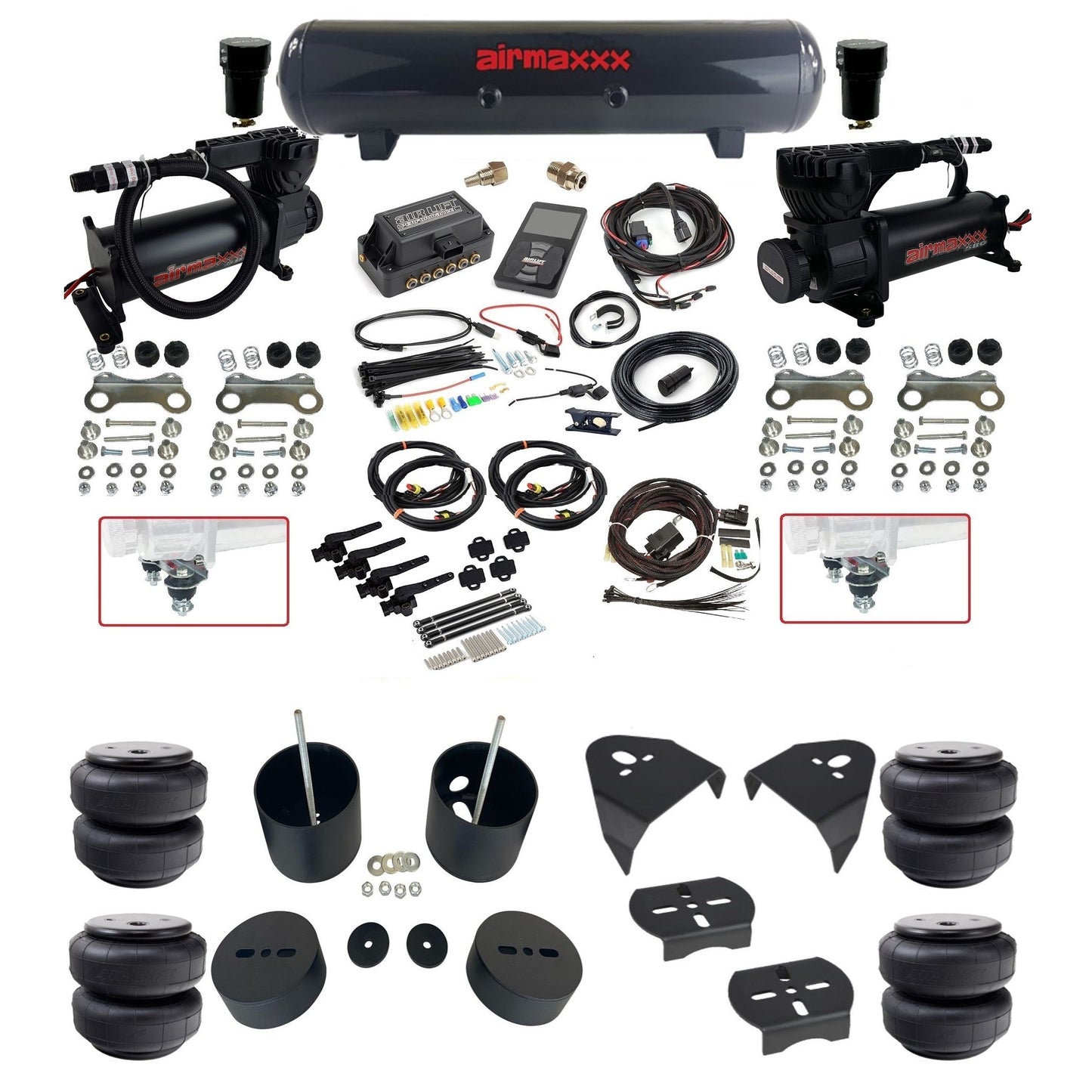 air lift 3h 27695 dual black 580 compressors steel tank airlift bags & airmaxxx brackets air ride kit for 1999-06 chevy silverado KGM99-580B2-57S-27695-WK-3P2D26