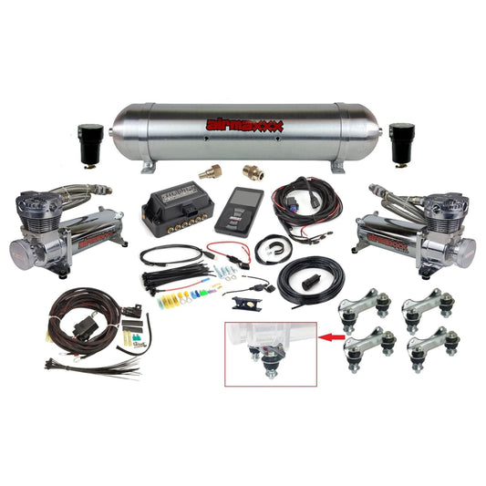 air lift 3p 27685 air management kit with airmaxxx dual 480 chrome compressors & raw aluminum tank