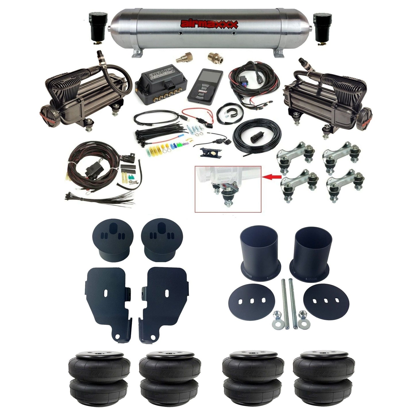 air lift 3p 27685 air ride kit X-series compressors raw aluminum tank airlift bags & airmaxxx brackets for 1965-70 chevy impala KIMP65-XB2-57ARW-27685-WK-3P2D25