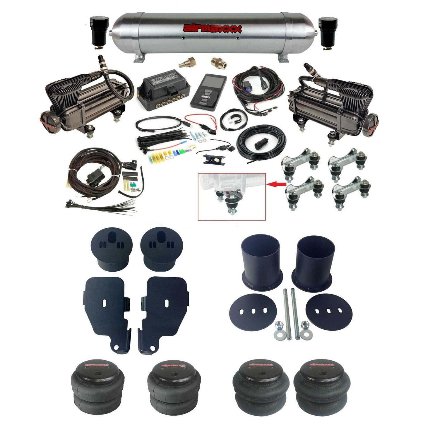 air lift 3p 27685 air ride kit X-series compressors raw aluminum tank bags & airmaxxx brackets for 1965-70 chevy impala KIMP65-XB2-57ARW-27685-WK-3P2