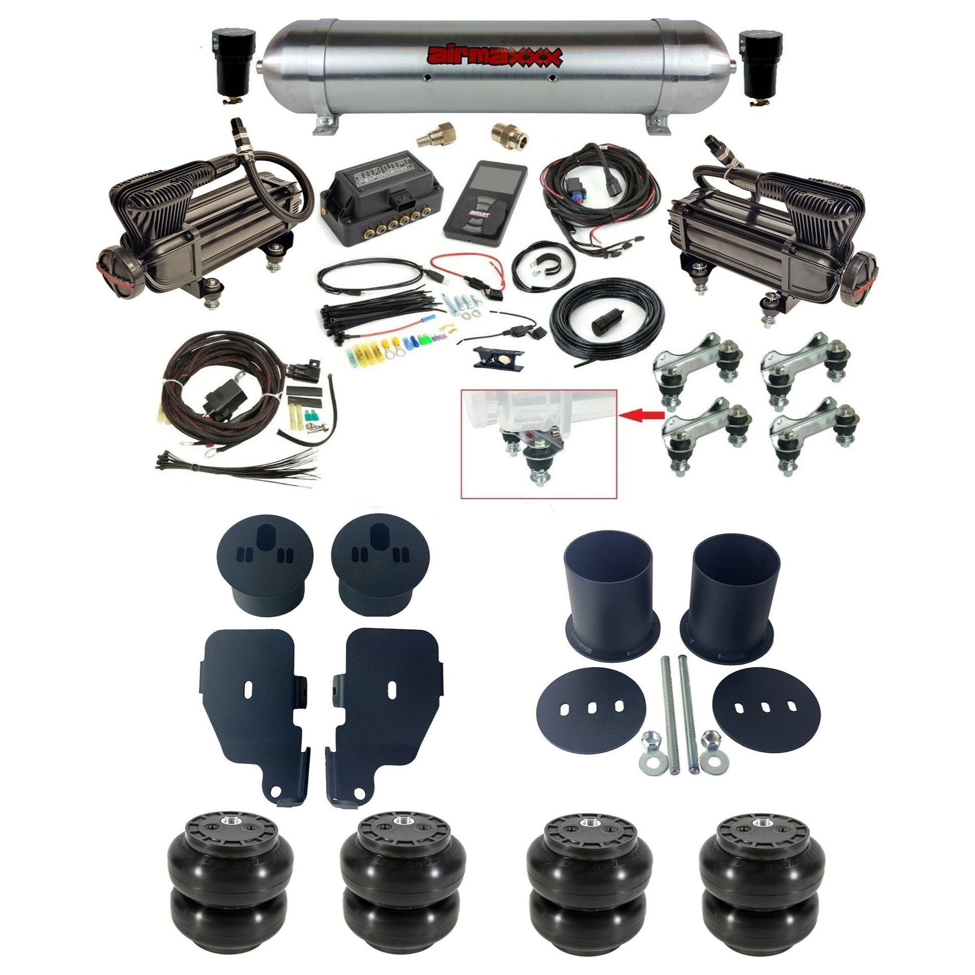 air lift 3p 27685 air ride kit X-series compressors raw aluminum tank slam bags & airmaxxx brackets for 1965-70 chevy impala KIMP65-XB2-57ARW-27685-WK-3P2SS6