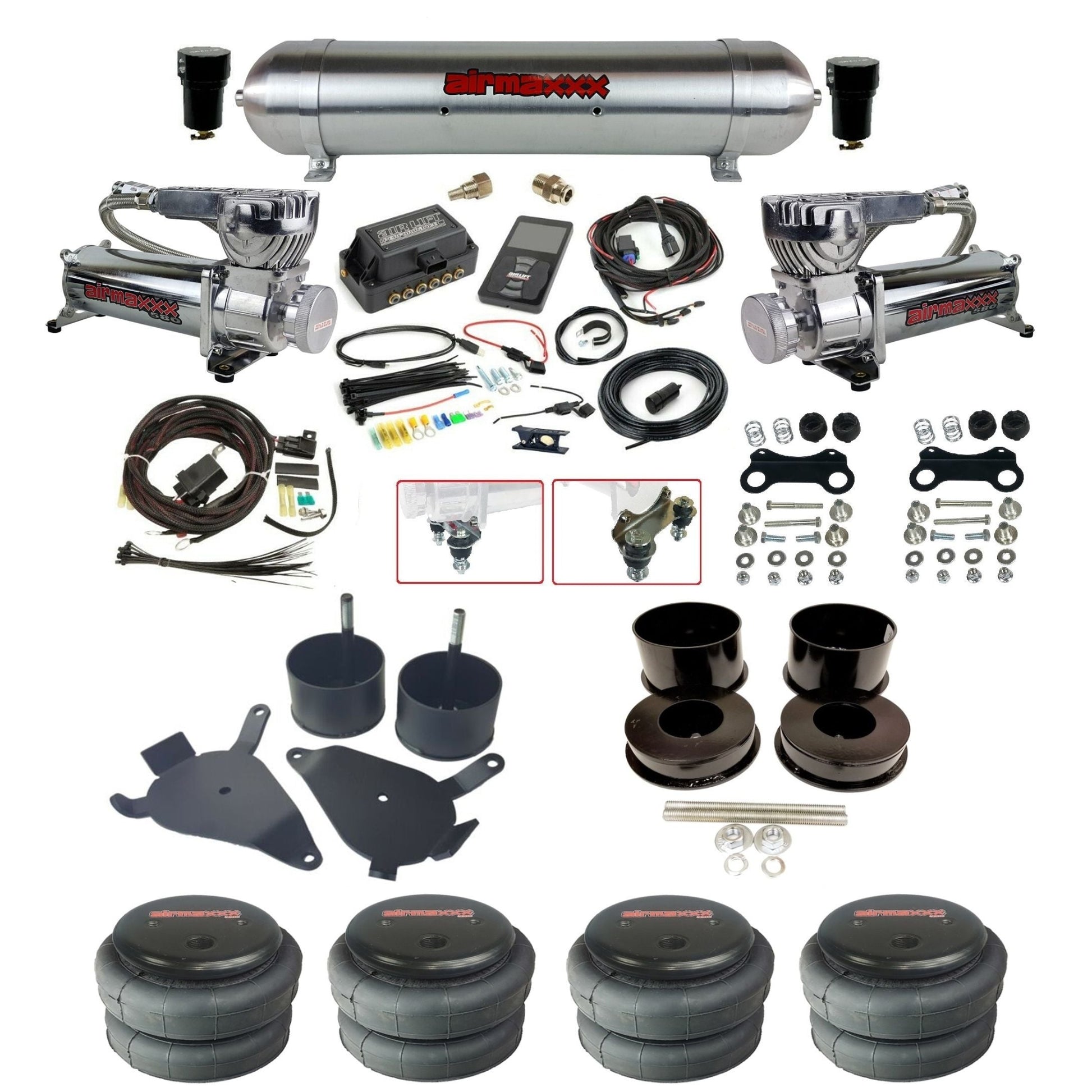 air lift 3p 27685 air ride kit dual 580 chrome air compressors raw aluminum tank 2600 bags & airmaxxx brackets for 1978-88 g body KGBDY-580C2-57ARW-27685-WK-3P2