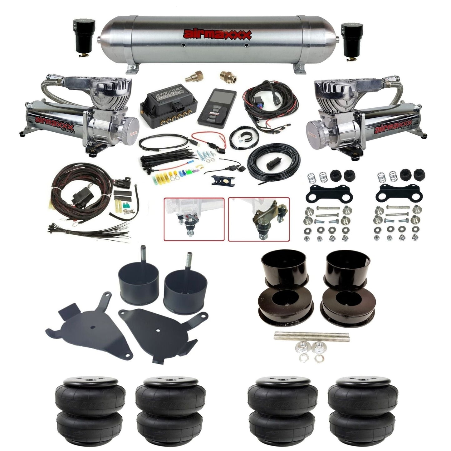 air lift 3p 27685 air ride kit dual 580 chrome air compressors raw aluminum tank airlift bags & airmaxxx brackets for 1978-88 g body KGBDY-580C2-57ARW-27685-WK-3P2D25