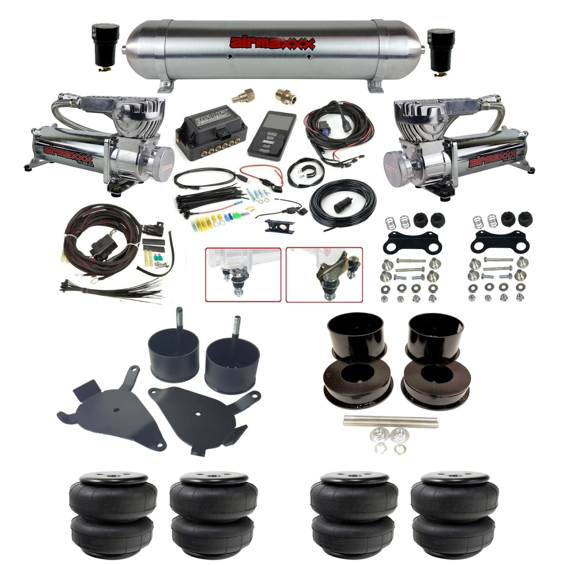 air lift 3p 27685 air ride kit dual 580 chrome air compressors raw aluminum tank airlift bags & airmaxxx brackets for 1978-88 g body KGBDY-580C2-57ARW-27685-WK-3P2D25