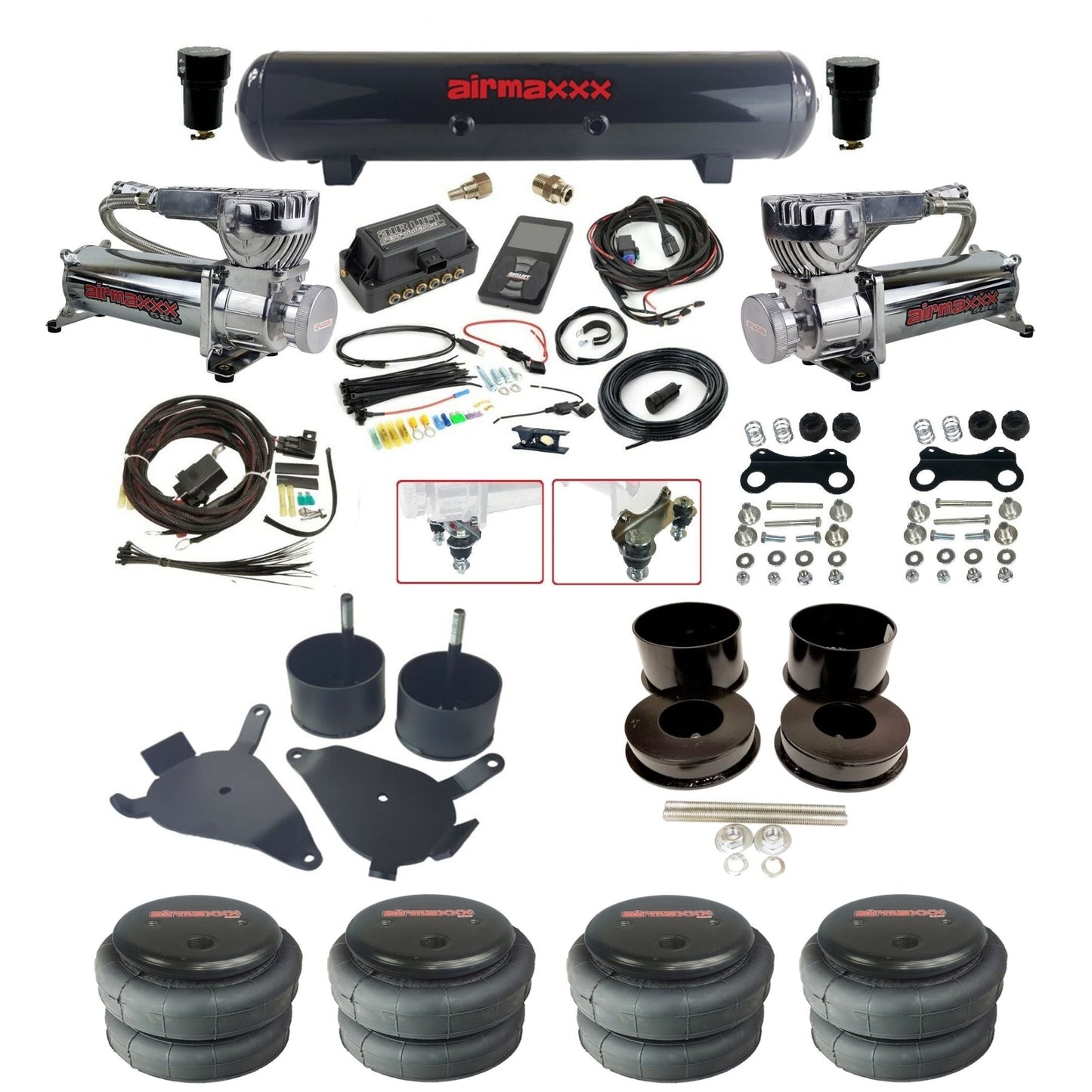 air lift 3p 27685 air ride kit dual 580 chrome air compressors steel tank 2600 bags & airmaxxx brackets for 1978-88 g body KGBDY-580C2-57S-27685-WK-3P2