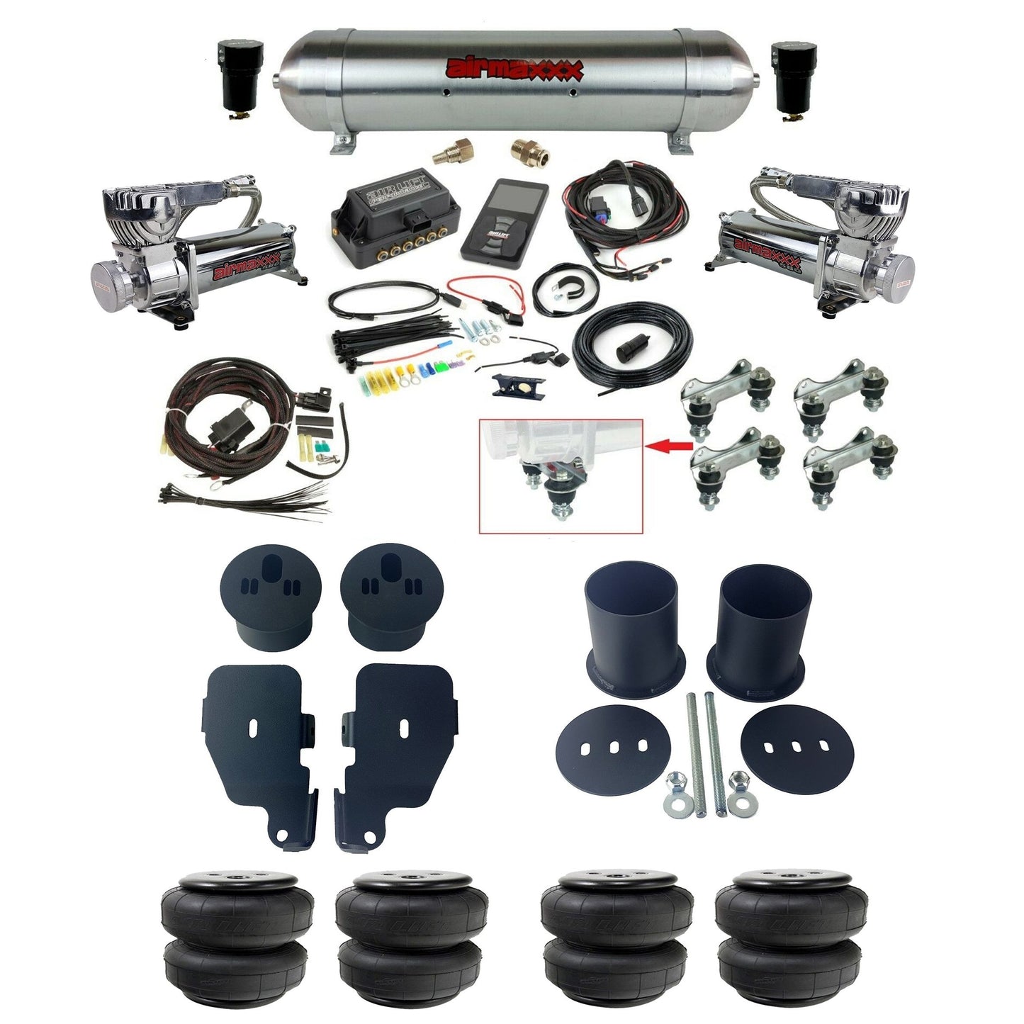 air lift 3p 27685 air ride kit dual 580 chrome compressors raw aluminum tank airlift bags & airmaxxx brackets for 1965-70 chevy impala KIMP65-580C2-57ARAW-27685-WK-3P2D25