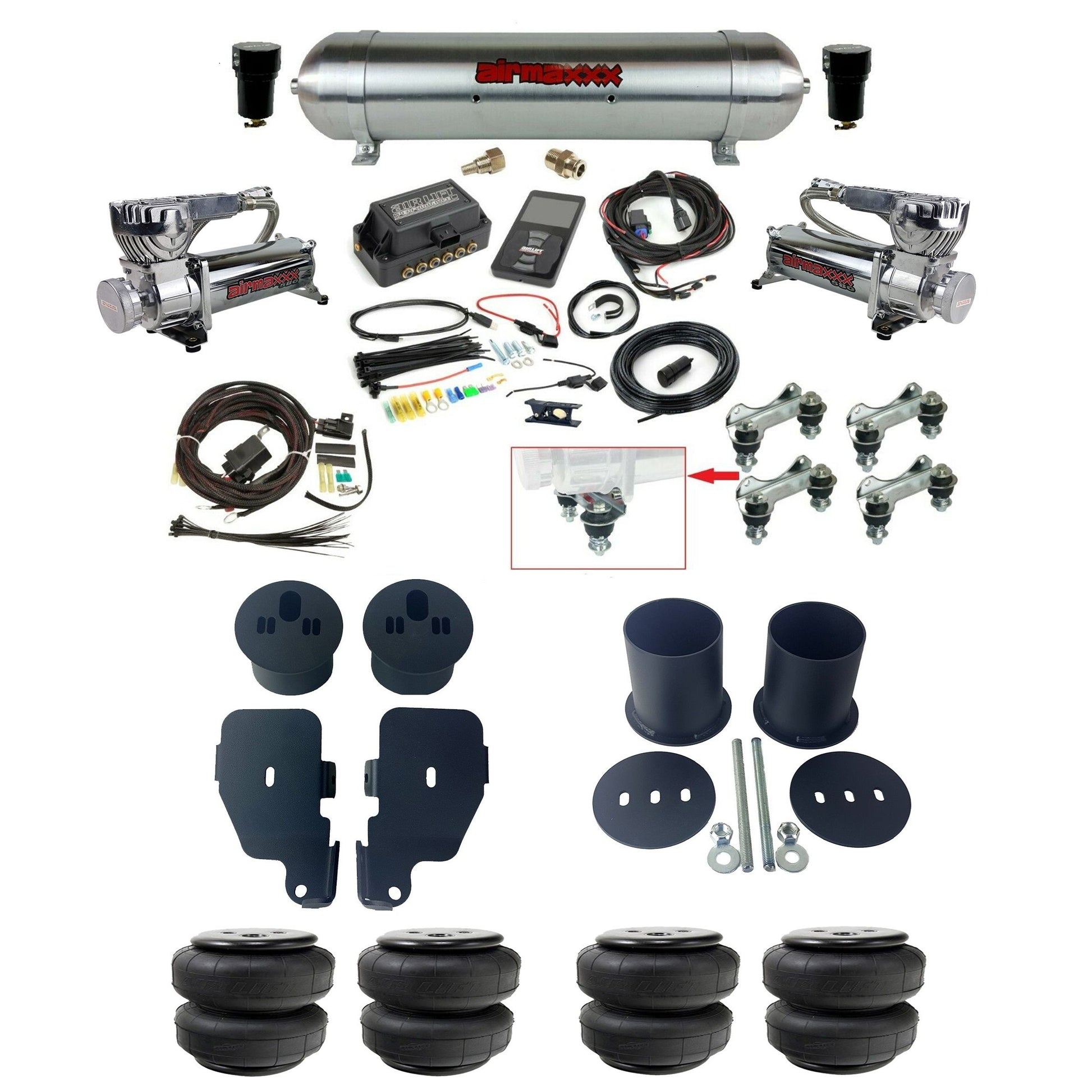 air lift 3p 27685 air ride kit dual 580 chrome compressors raw aluminum tank airlift bags & airmaxxx brackets for 1965-70 chevy impala KIMP65-580C2-57ARAW-27685-WK-3P2D25