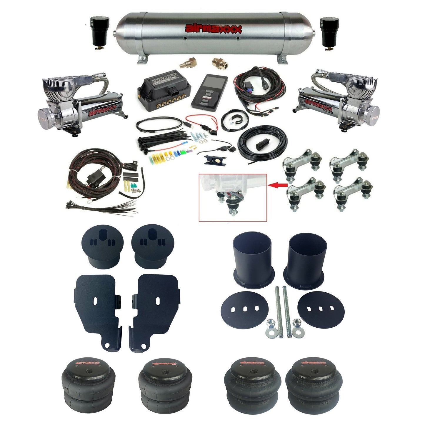 air lift 3p 27685 air ride kit dual 580 chrome compressors raw aluminum tank bags & airmaxxx brackets for 1965-70 chevy impala KIMP65-580C2-57ARAW-27685-WK-3P2