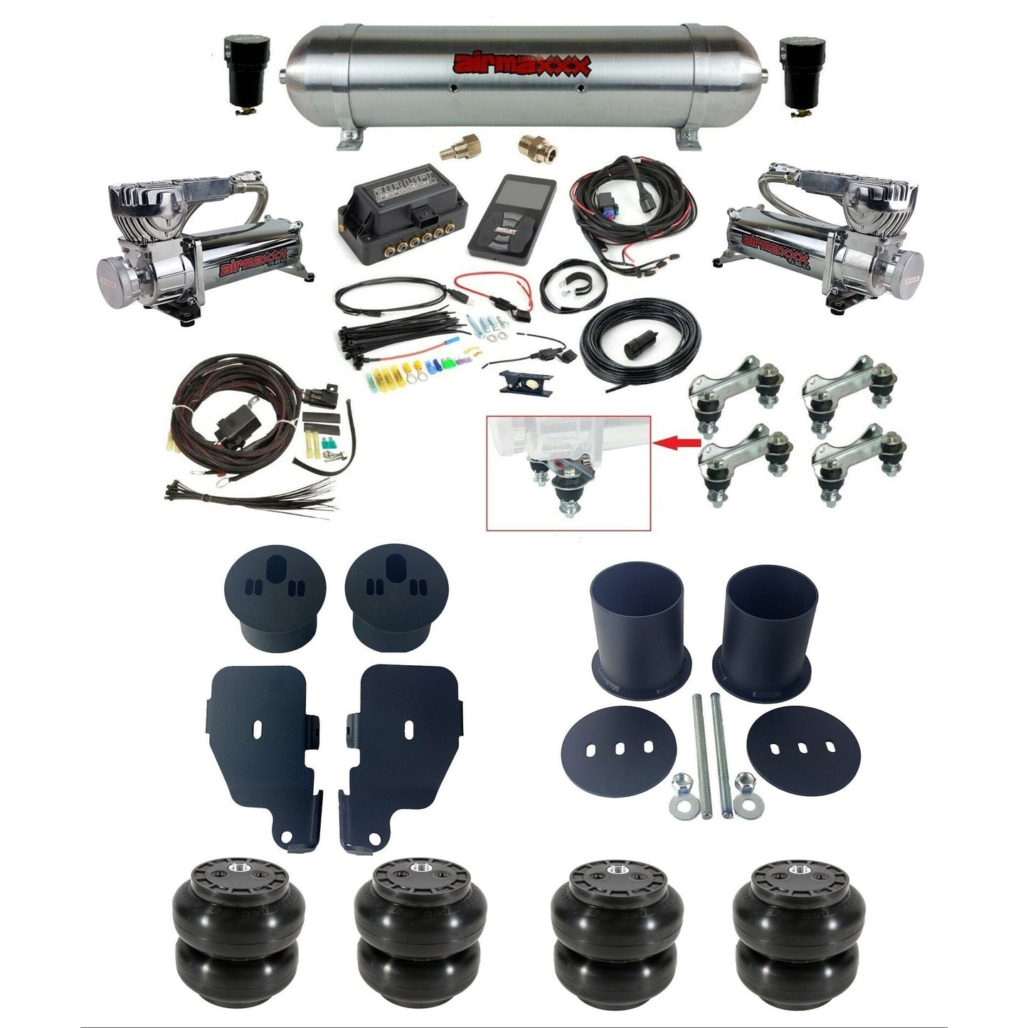 air lift 3p 27685 air ride kit dual 580 chrome compressors raw aluminum tank slam bags & airmaxxx brackets for 1965-70 chevy impala KIMP65-580C2-57ARAW-27685-WK-3P2SS6