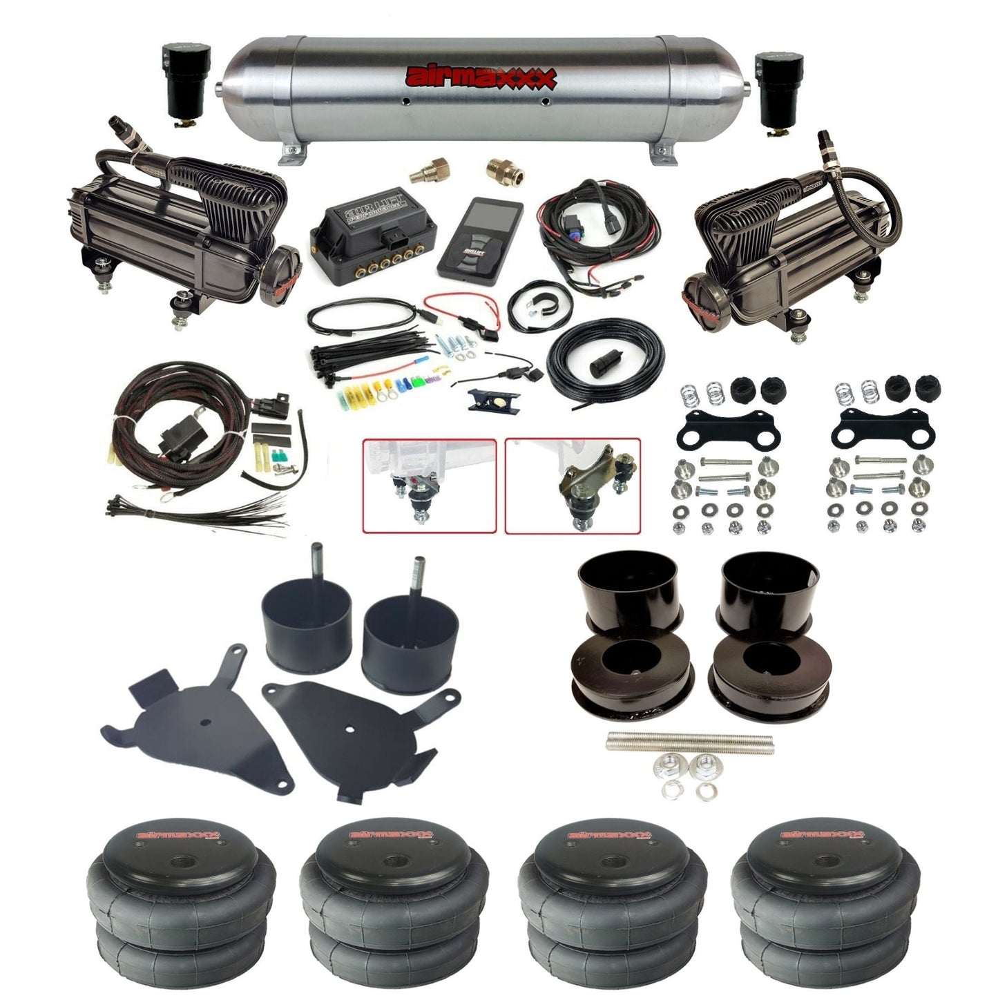 air lift 3p 27685 air ride kit dual X-series air compressors raw aluminum tank 2600 bags & airmaxxx brackets for 1978-88 g body KGBDY-XB2-57ARW-27685-WK-3P2