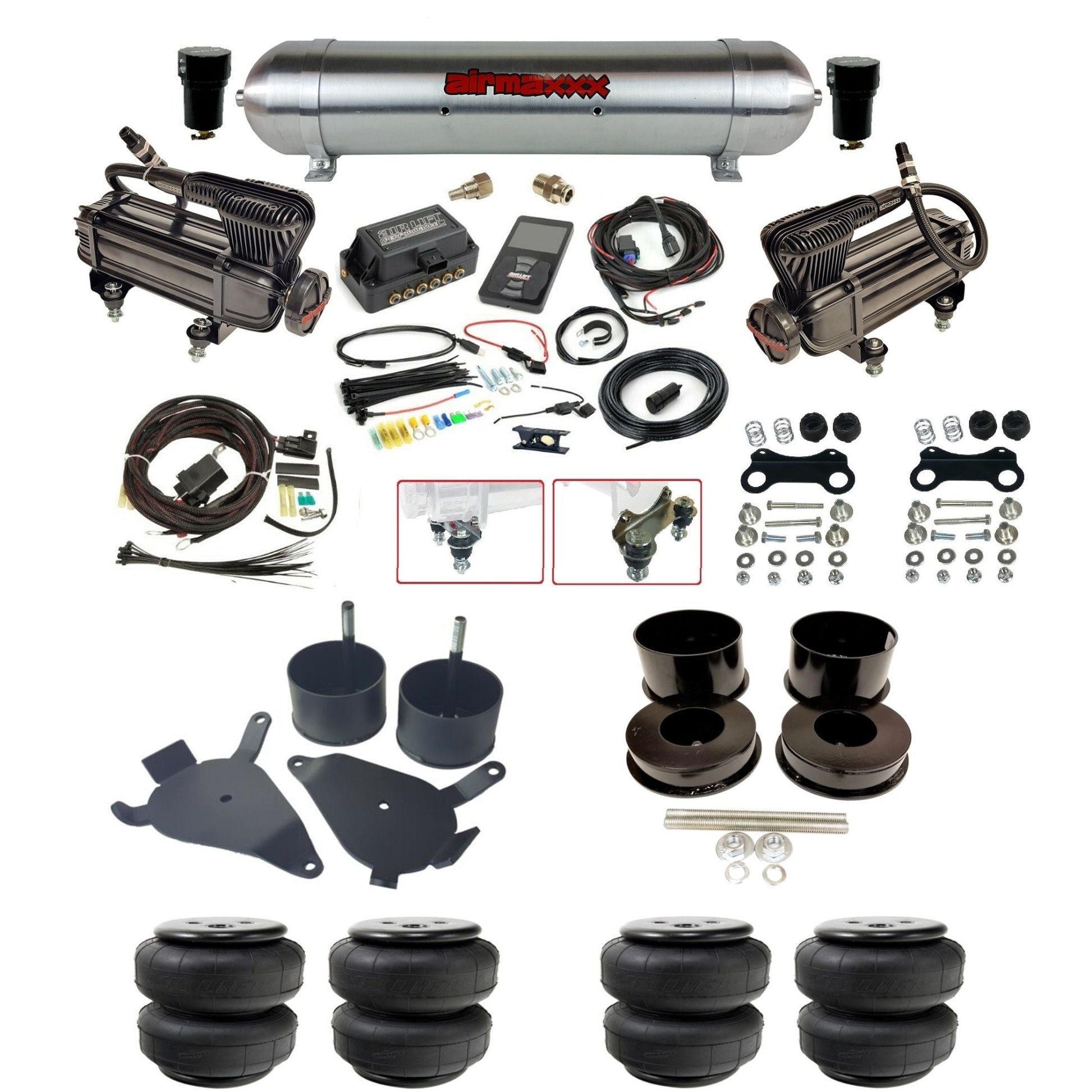 air lift 3p 27685 air ride kit dual X-series air compressors raw aluminum tank airlift bags & airmaxxx brackets for 1978-88 g body KGBDY-XB2-57ARW-27685-WK-3P2D25