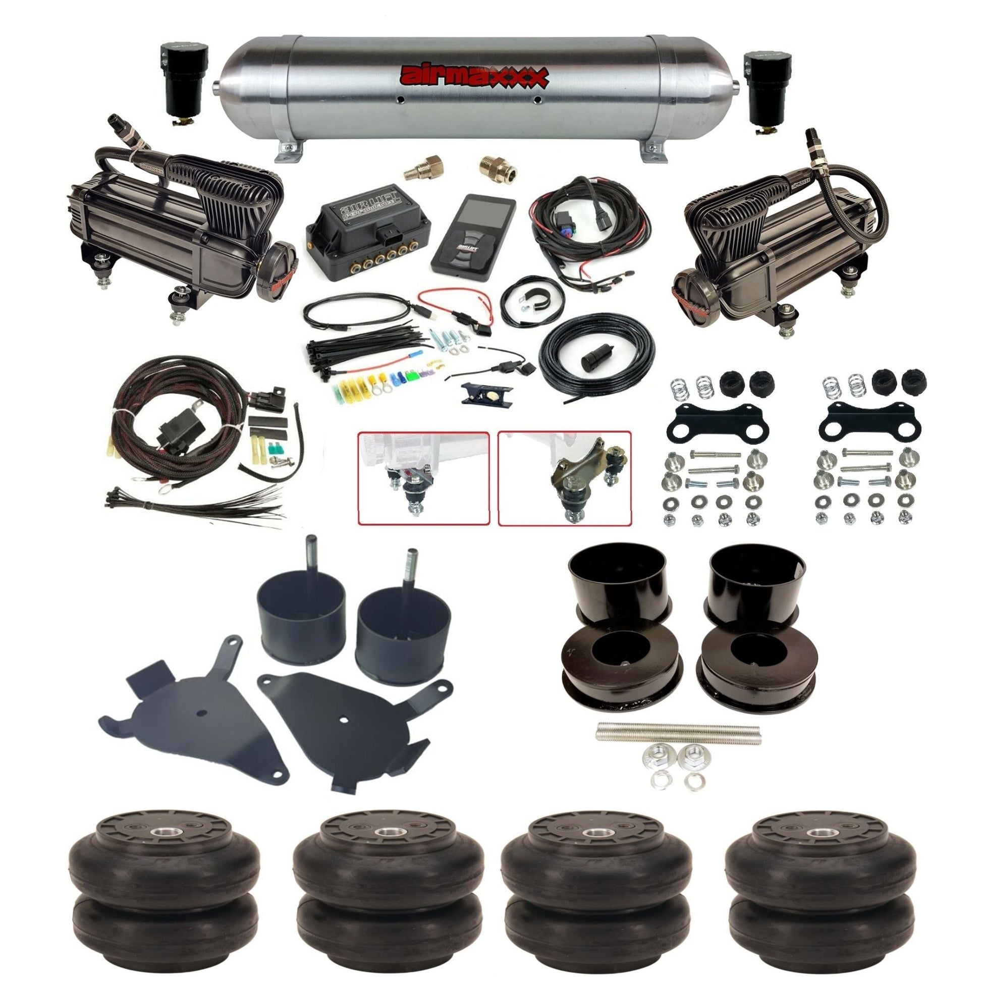 air lift 3p 27685 air ride kit dual X-series air compressors raw aluminum tank slam bags & airmaxxx brackets for 1978-88 g body KGBDY-XB2-57ARW-27685-WK-3P2SS6