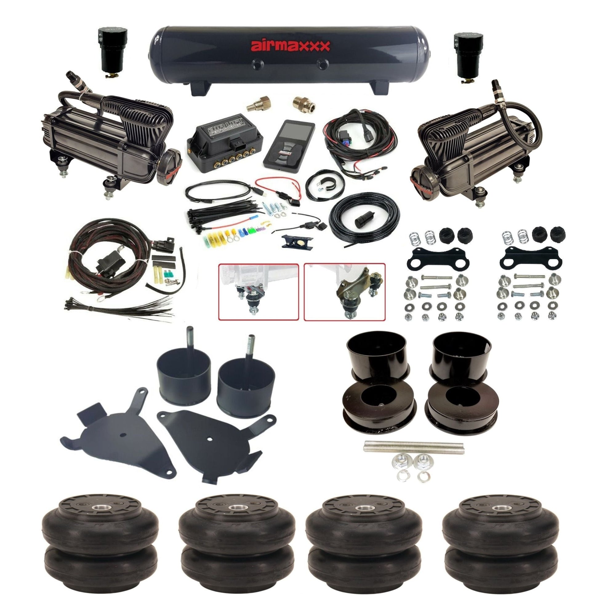 air lift 3p 27685 air ride kit dual X-series air compressors steel tank slam bags & airmaxxx brackets for 1978-88 g body GBDY-XB2-57S-27685-WK-3P2SS6