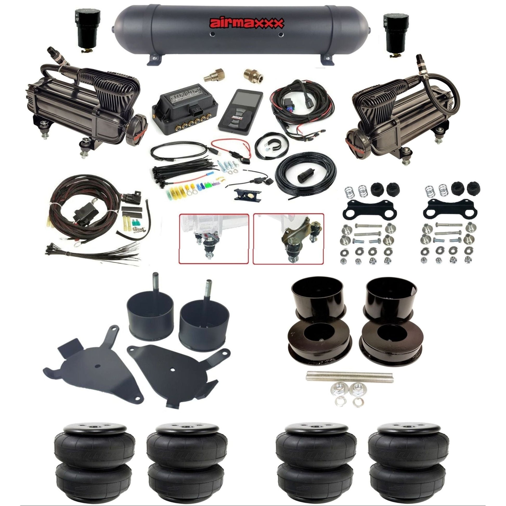 air lift 3p 27685 air ride kit dual X-series compressors aluminum tank & airlift bags w/airmaxxx brackets for 1978-88 g body KGBDY-XB2-57ABK-27685-WK-3P2D25