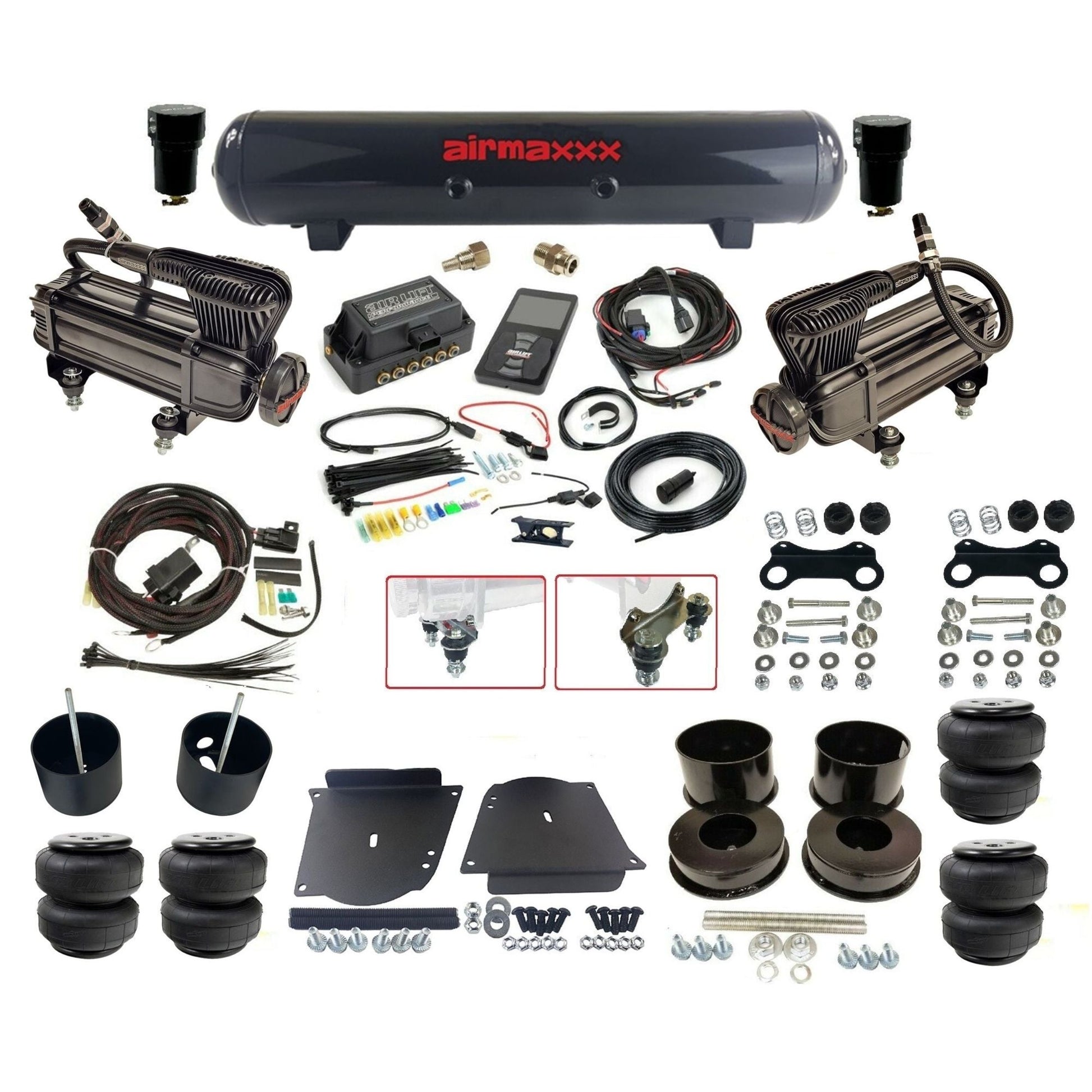 air lift 3p 27685 air ride kit dual x-series compressors steel tank airlift bags & airmaxxx brackets for 1964-72 gm a-body KABDY-XB2-57S-27685-WK-3P2D25