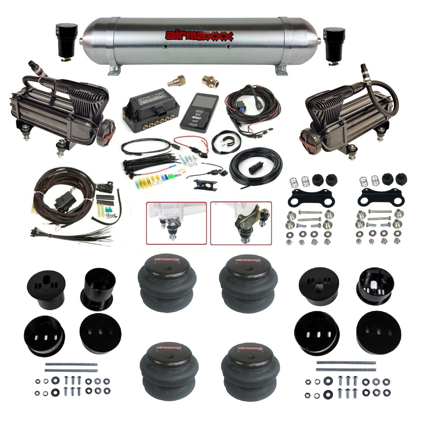 air lift 3p 27685 air ride kit with X-series compressors raw aluminum tank 2600 bags & airmaxxx bolt on brackets fits 1958-60 cadillac KCAD58-XB2-57ARW-27685-WK-3P2