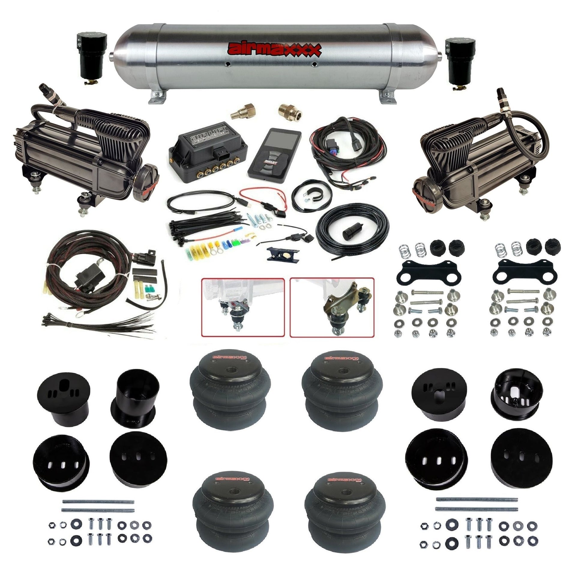 air lift 3p 27685 air ride kit with X-series compressors raw aluminum tank 2600 bags & airmaxxx bolt on brackets fits 1958-60 cadillac KCAD58-XB2-57ARW-27685-WK-3P2