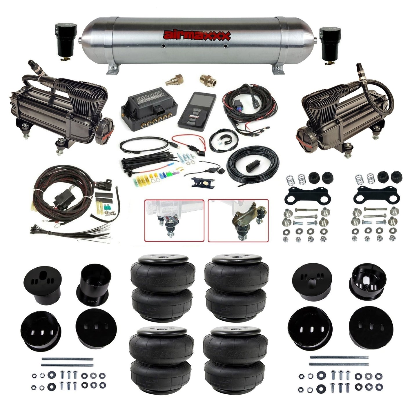 air lift 3p 27685 air ride kit with X-series compressors raw aluminum tank airlift  bags & airmaxxx bolt on brackets fits 1958-60 cadillac KCAD58-XB2-57ARW-27685-WK-3P2D25