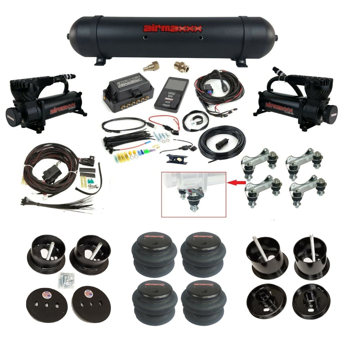 air lift 3p 27685 air ride kit with black 580 compressors black aluminum tank & 2600 bags & airmaxxx bolt on brackets fits 1961-62 cadillac K-CAD6162-580B2-57ABK-27685-WK-3P2