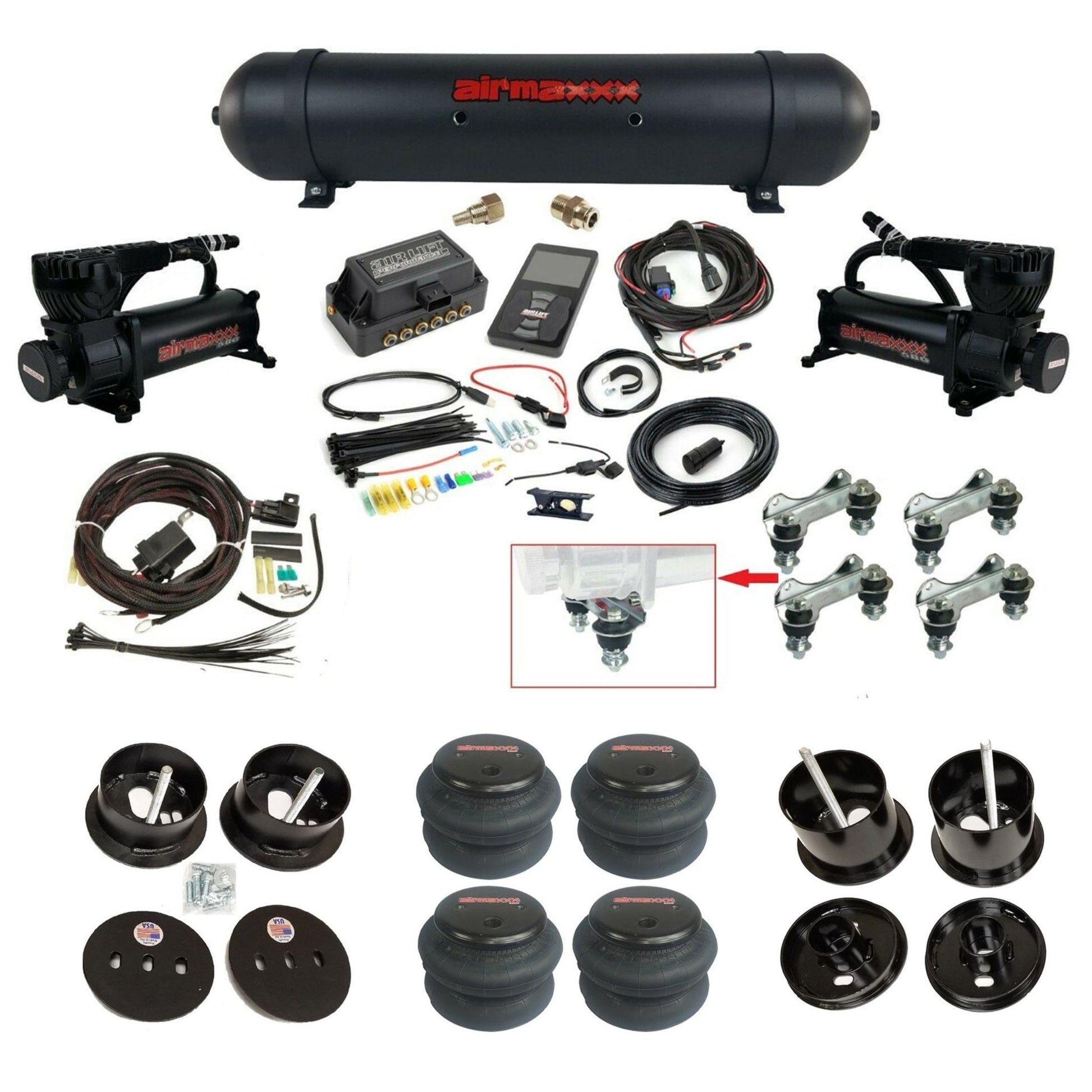 air lift 3p 27685 air ride kit with black 580 compressors black aluminum tank & 2600 bags & airmaxxx bolt on brackets fits 1961-62 cadillac K-CAD6162-580B2-57ABK-27685-WK-3P2