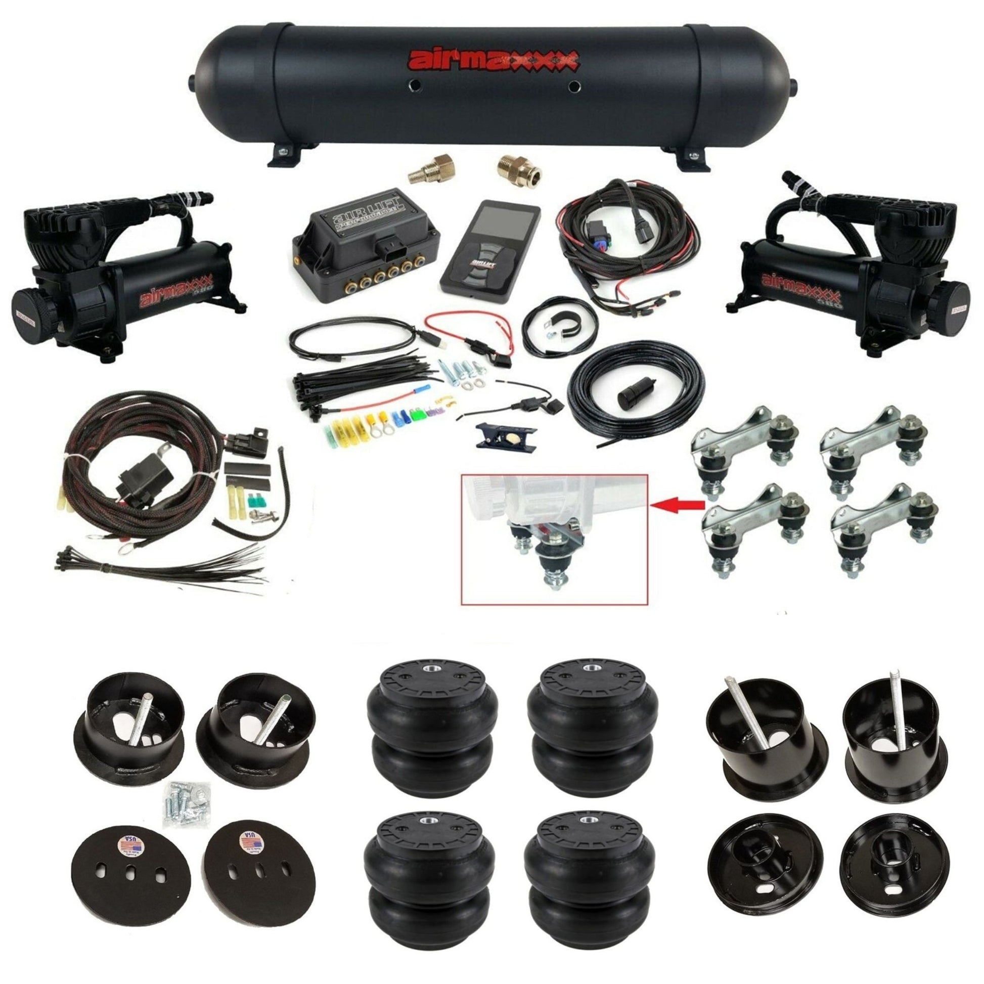 air lift 3p 27685 air ride kit with black 580 compressors black aluminum tank & Slam bags & airmaxxx bolt on brackets fits 1961-62 cadillac K-CAD6162-580B2-57ABK-27685-WK-3P2SS7