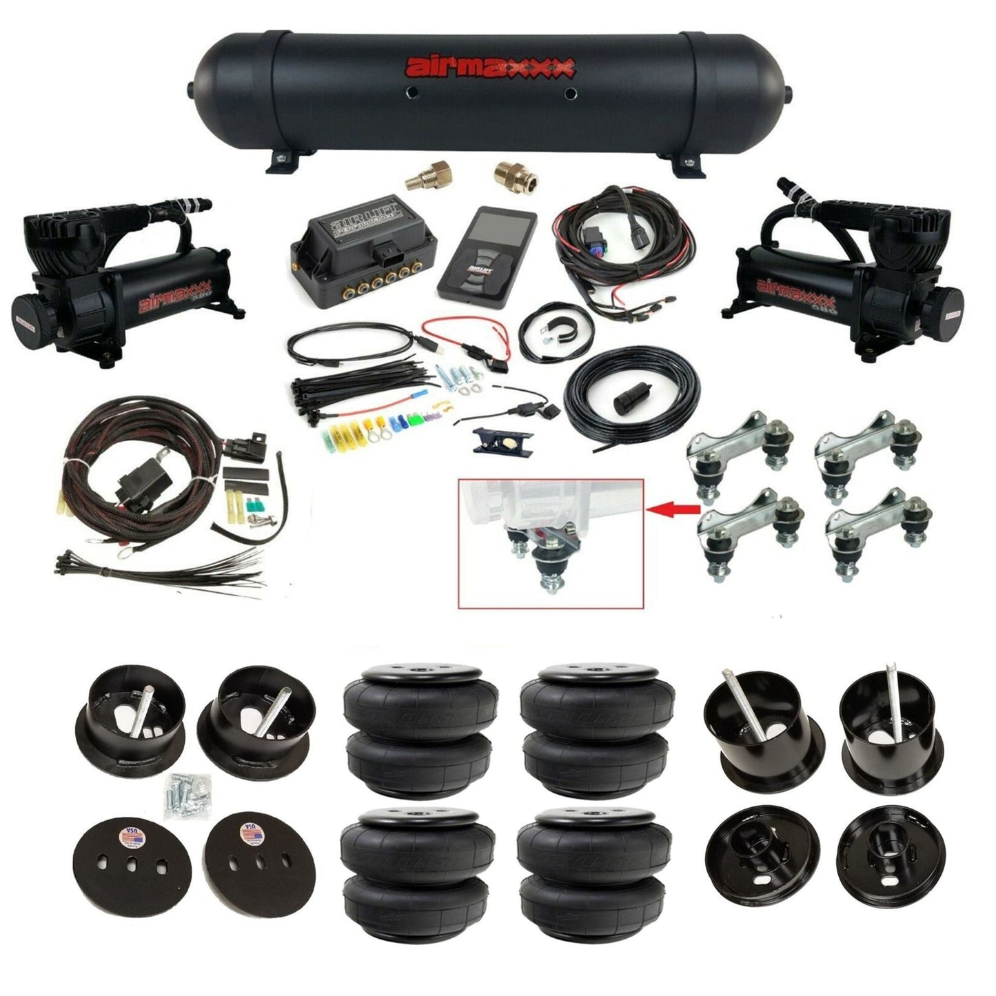 air lift 3p 27685 air ride kit with black 580 compressors black aluminum tank & airlift bags & airmaxxx bolt on brackets fits 1961-62 cadillac K-CAD6162-580B2-57ABK-27685-WK-3P2D25